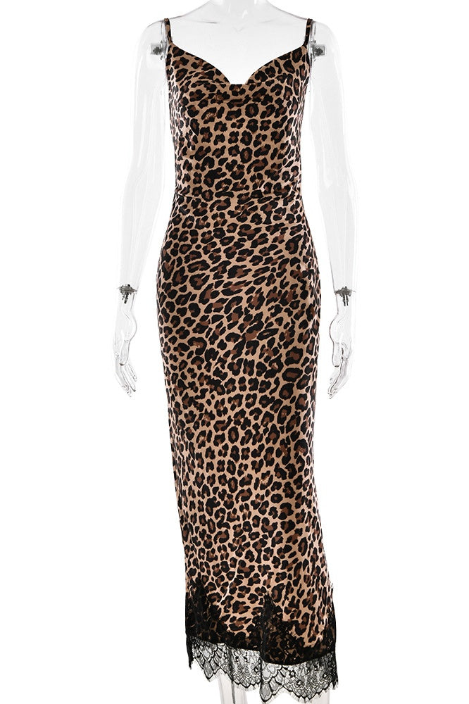 Leopard Print Spaghetti Straps V-neck Lace Dress