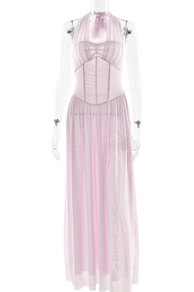 Light Pink Halter Tie Long Dress