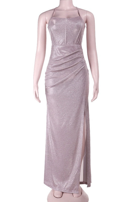 Lavender Spaghetti Straps Halter Shiny Dress