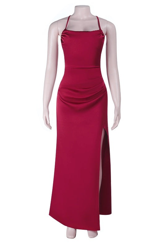 Burgundy Spaghetti Straps Halter Short Train Dress