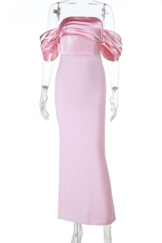 Light Pink Off-Shoulder Back Slit Dress