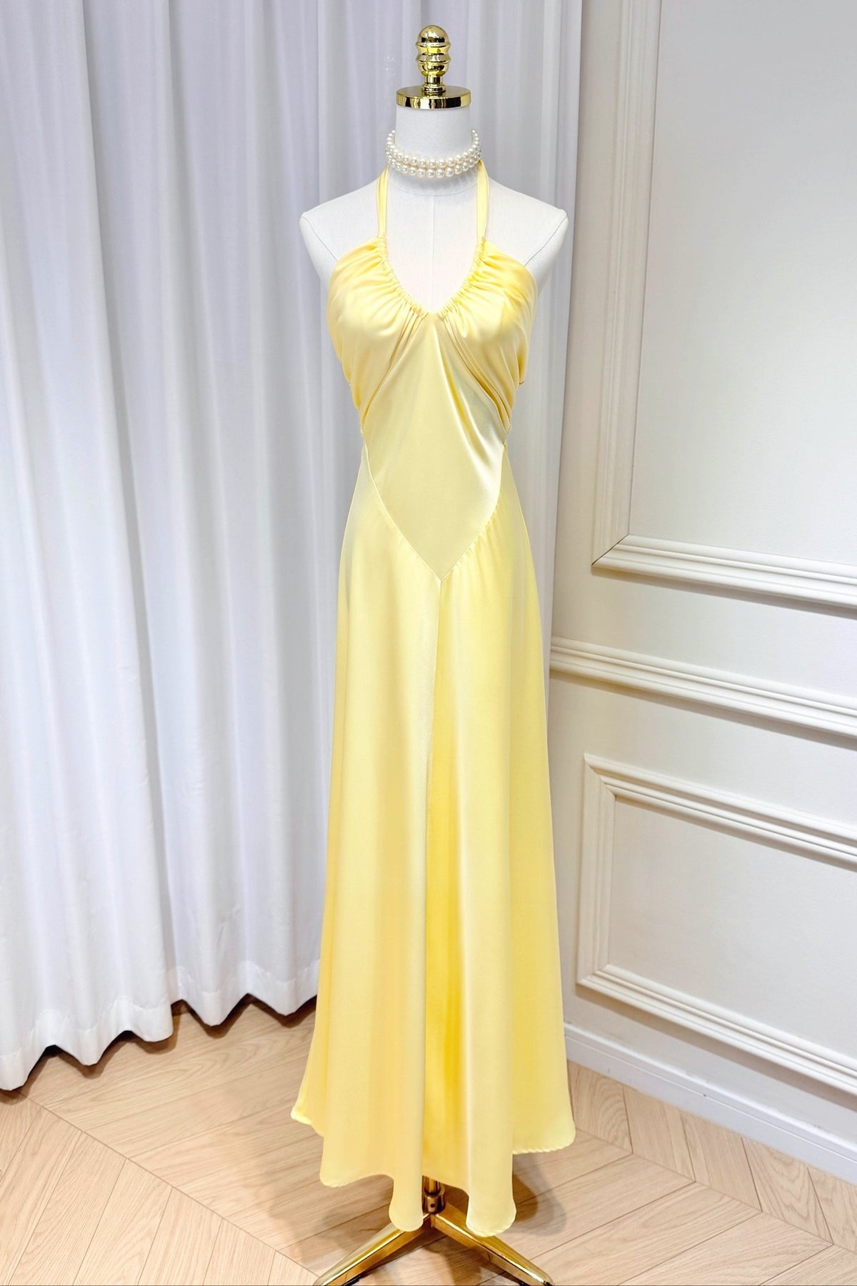Light Yellow Satin Halter Tie Long Dress