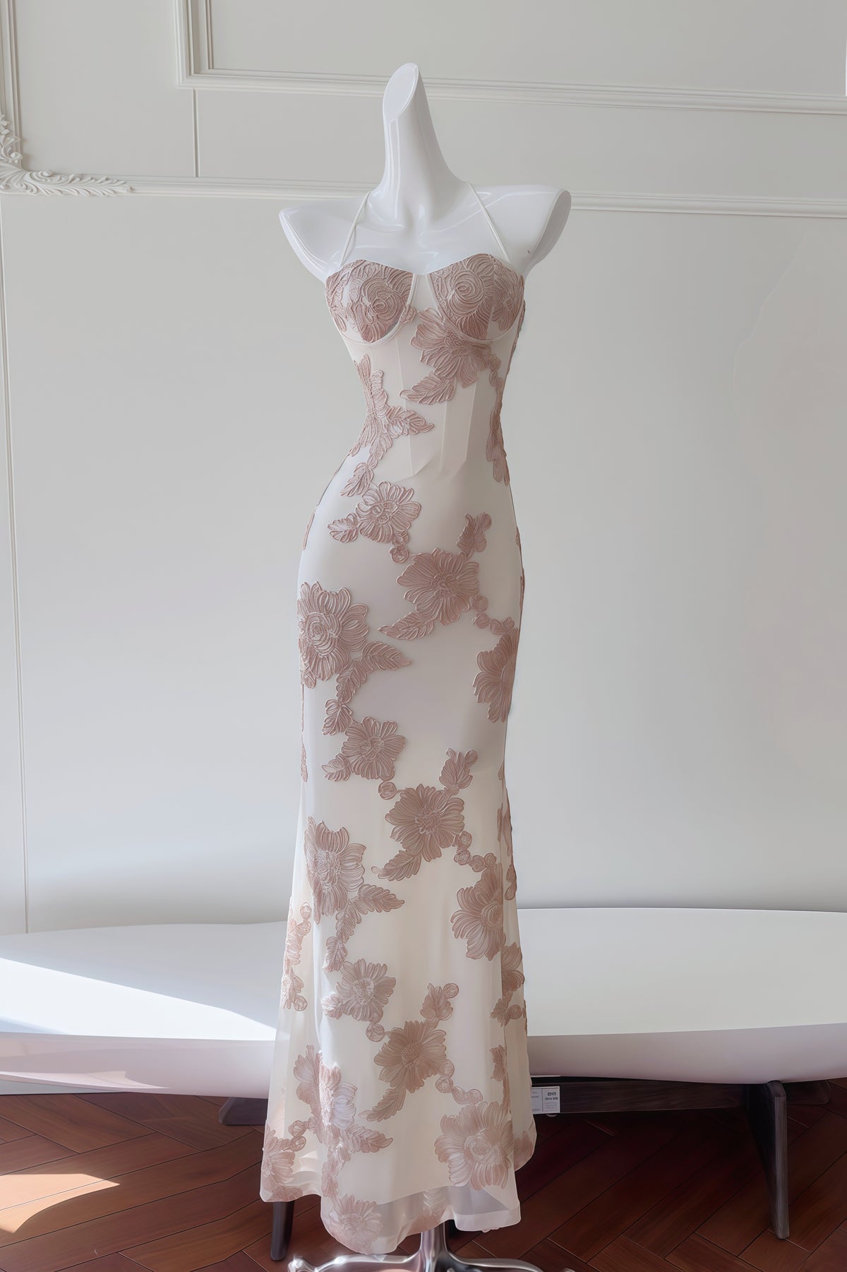 Apricot 3D Embroidered Pattern Long Dress