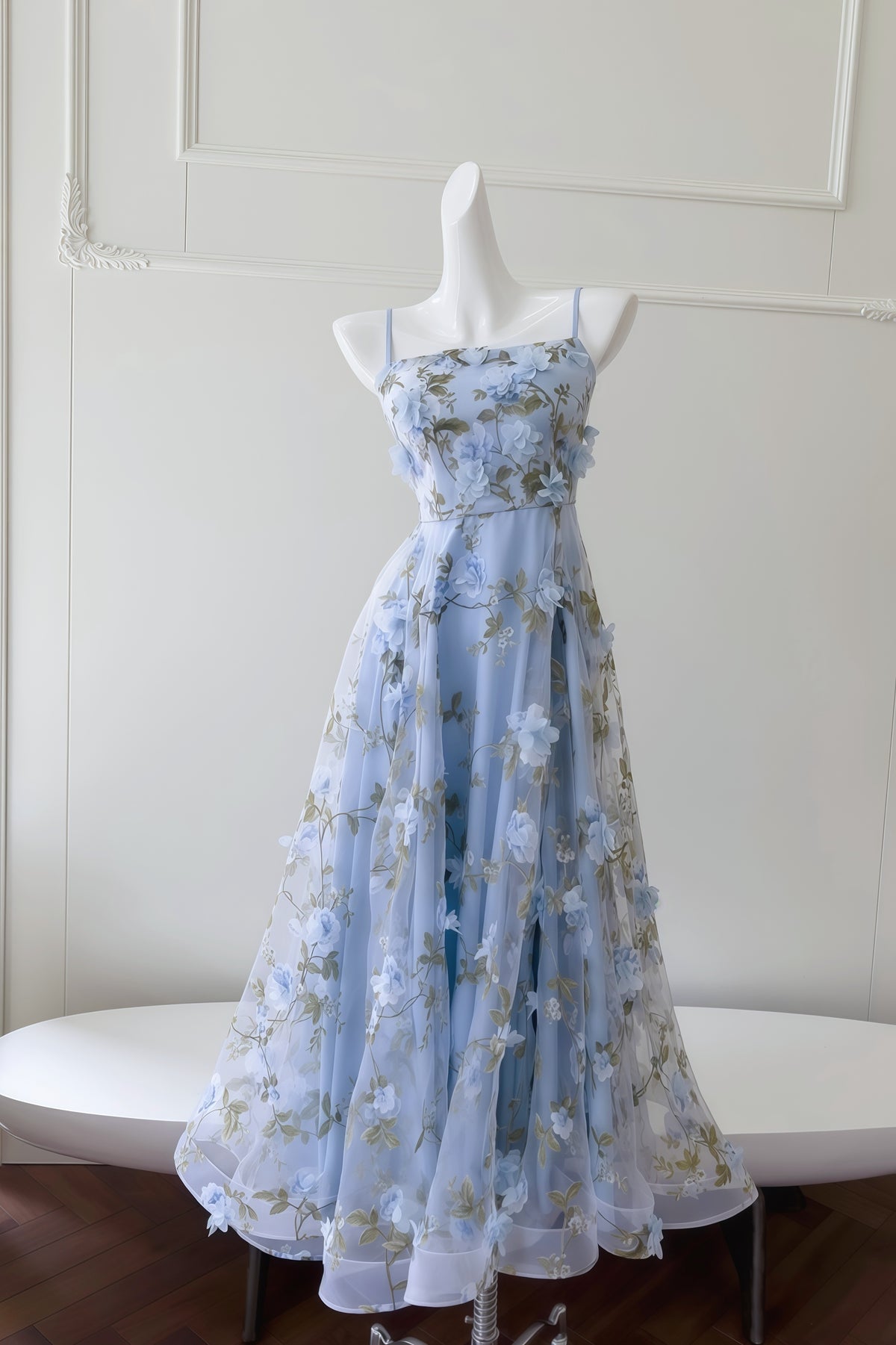 Blue Spaghetti Straps 3D Floral Long Dress