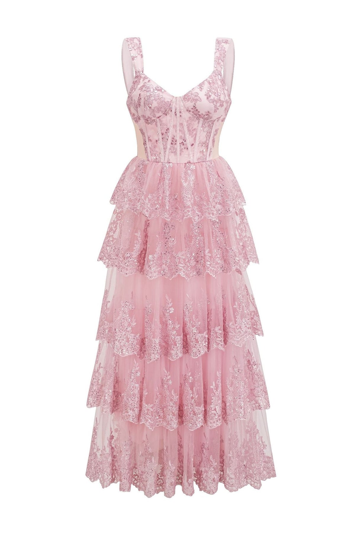 Pink Print V-neck Long A-line Tiered Dress