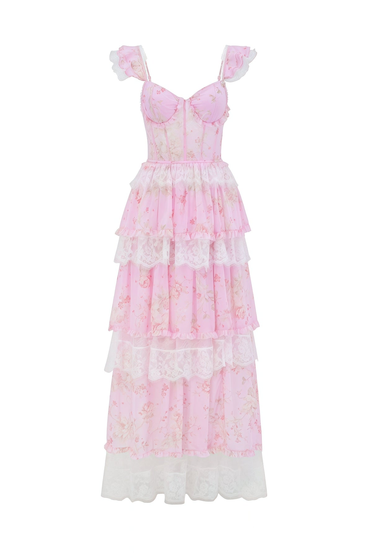 Pink Floral Print V-neck A-line Tiered Dress