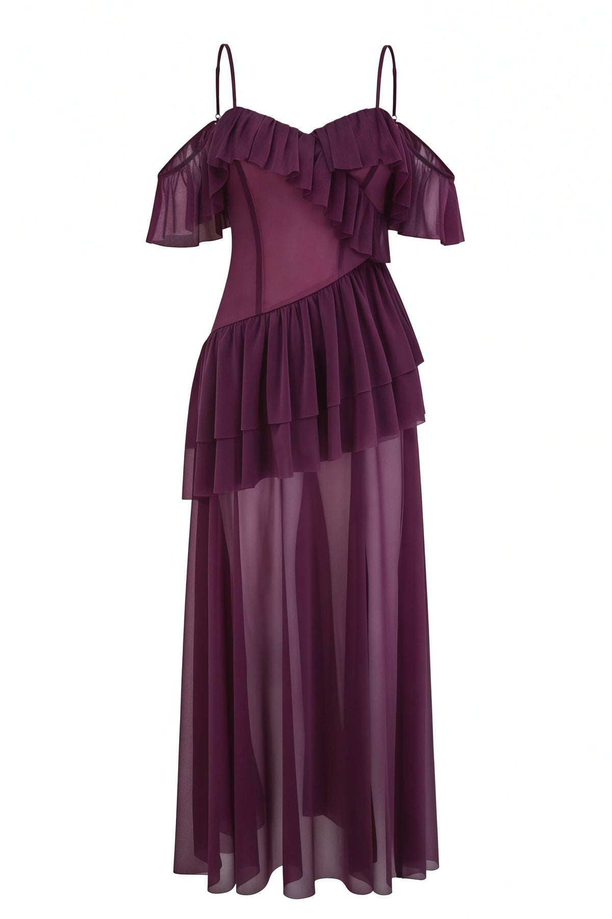 Burgundy Cold Shoulder A-line Long Dress