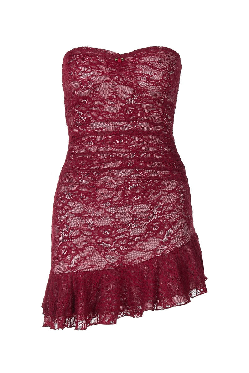 Burgundy Lace Print Bodycon Mini Dress