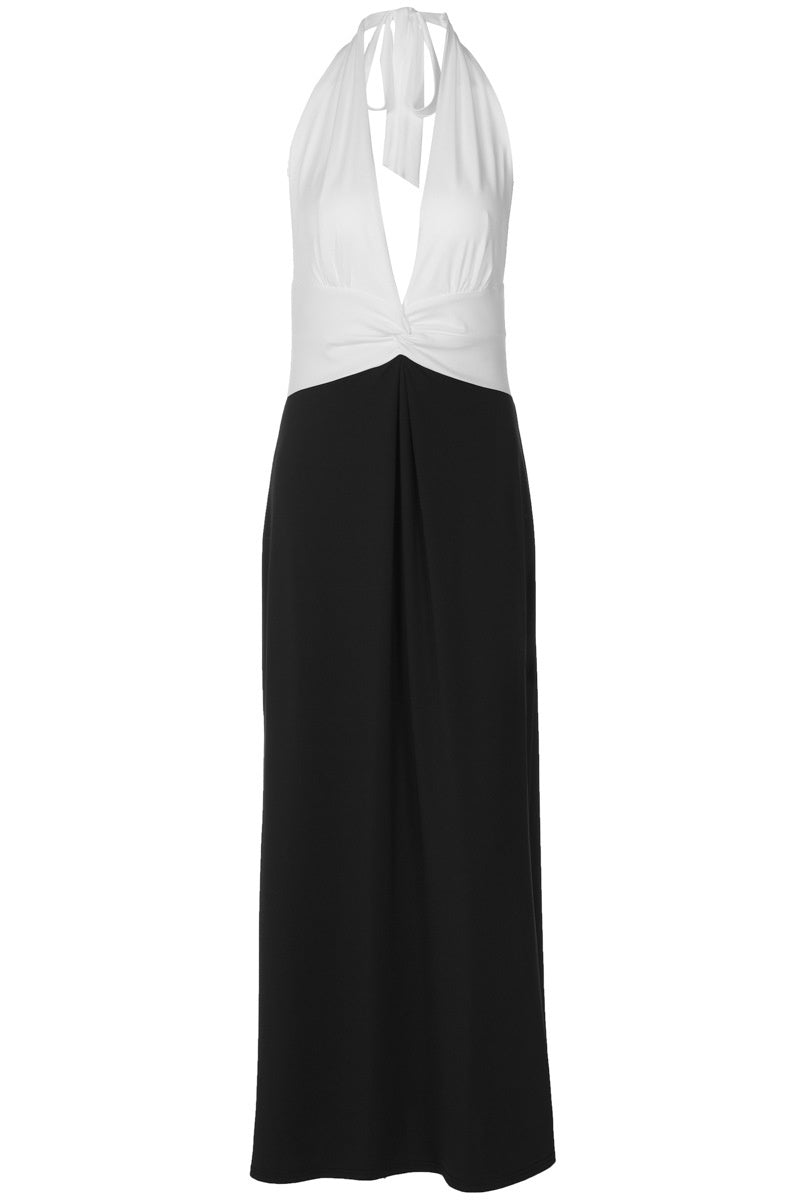Black and White Color Block Twisted Halter V-Neck Dress