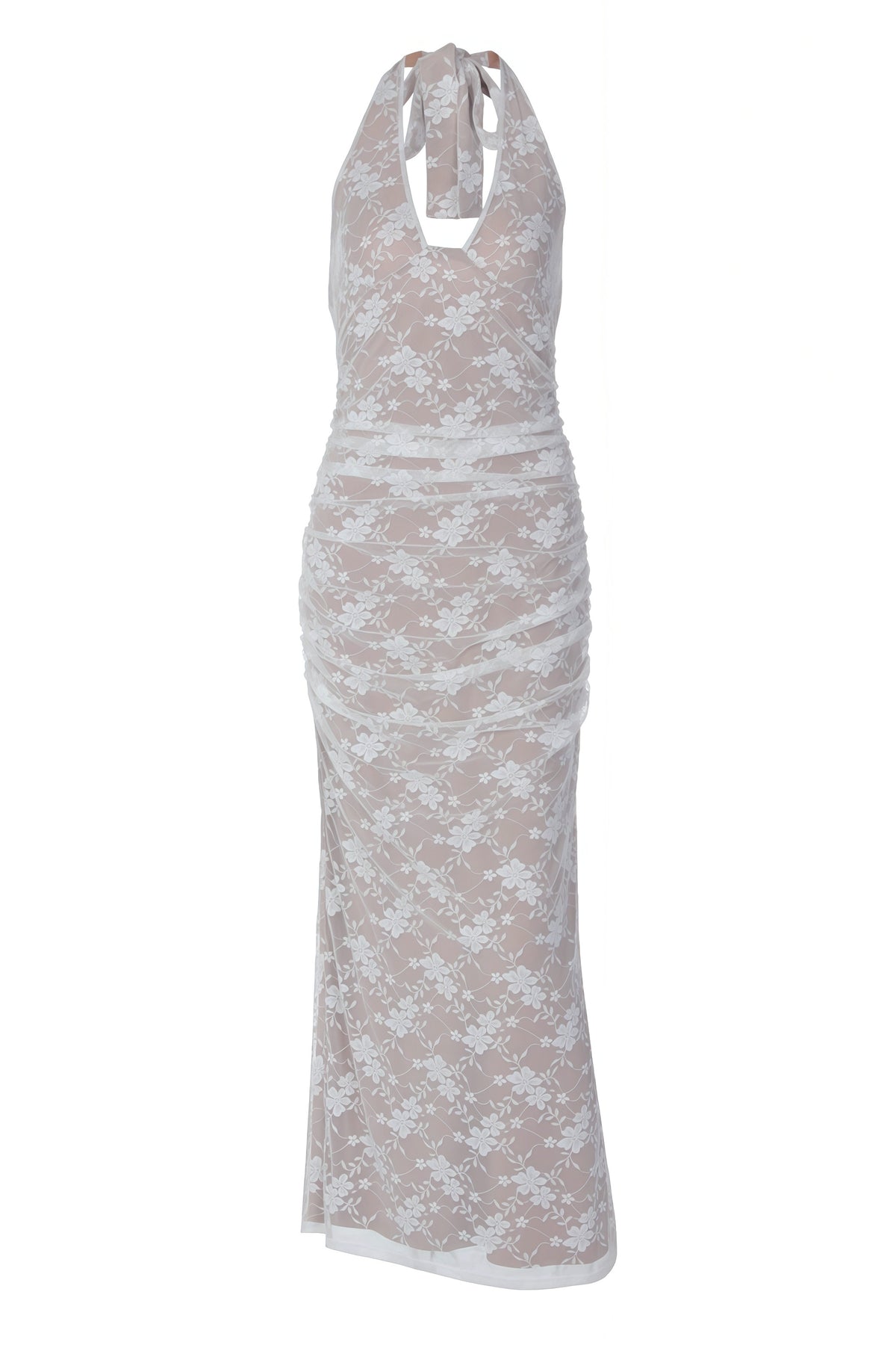 Nude Lace Print Halter V-neck Dress