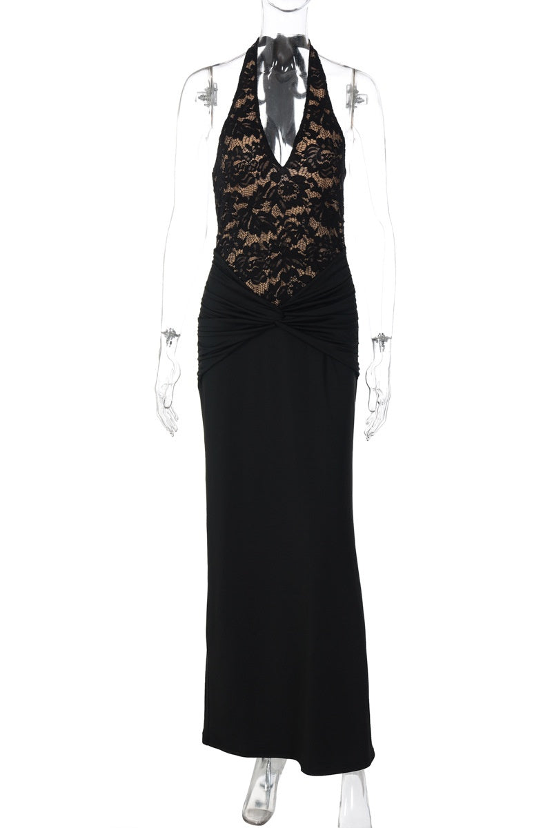 Black Lace Print Halter V-neck Dress