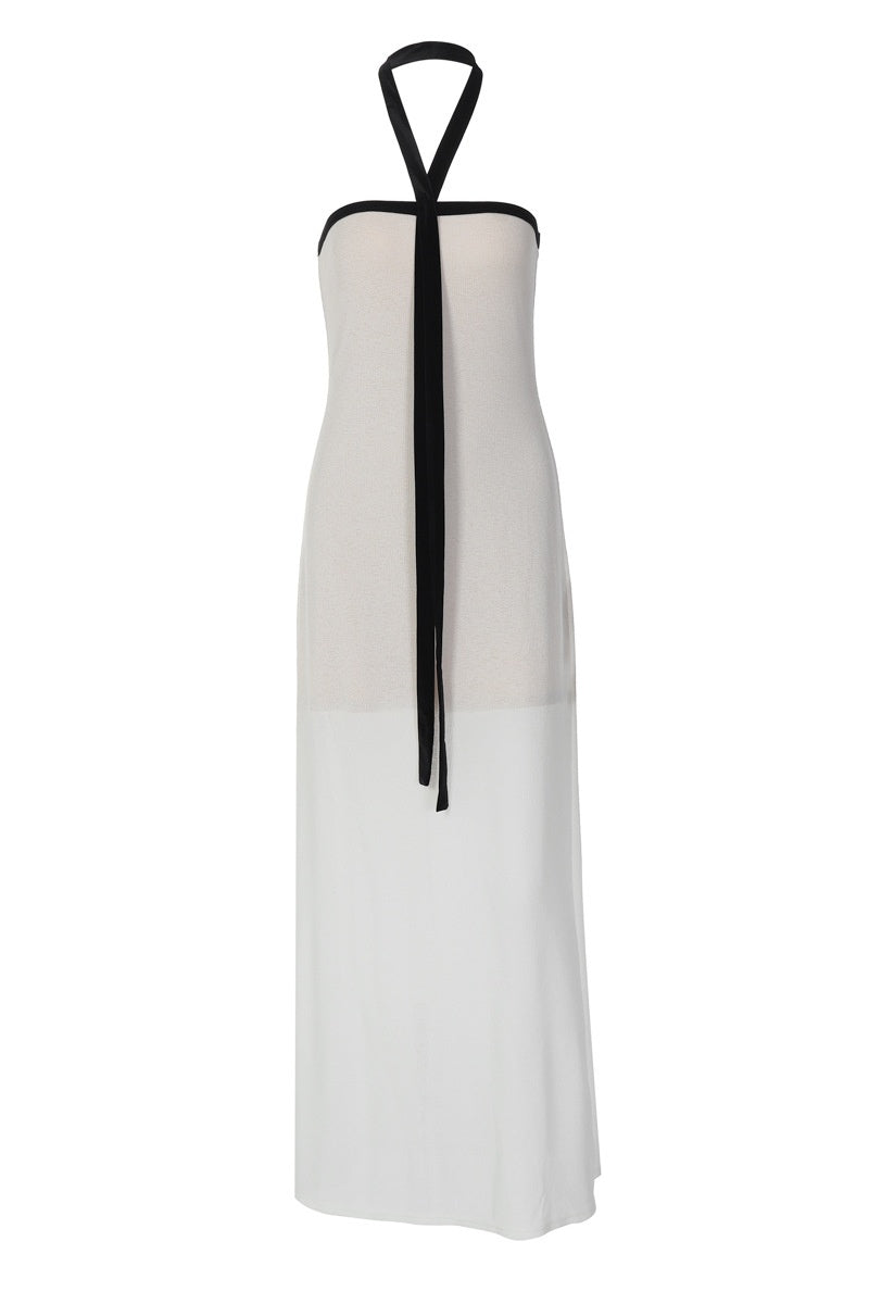 White Tie-neck Halter Long Sleeveless Dress