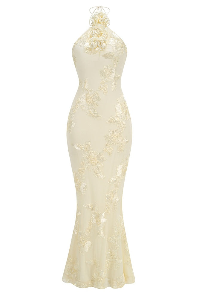 Yellow Halter 3D Printed Long Mermaid Dress