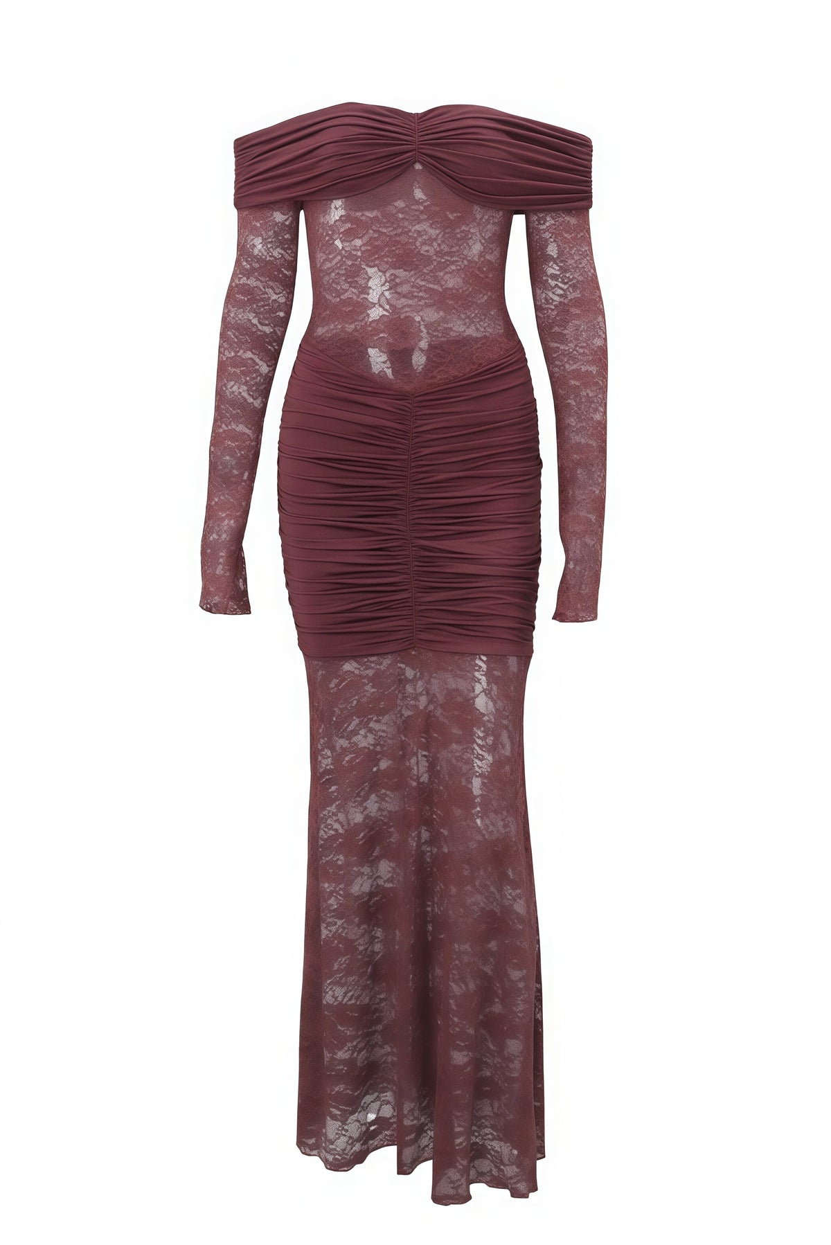 Brown Lace Print Tulle Ruched Off-Shoulder Dress