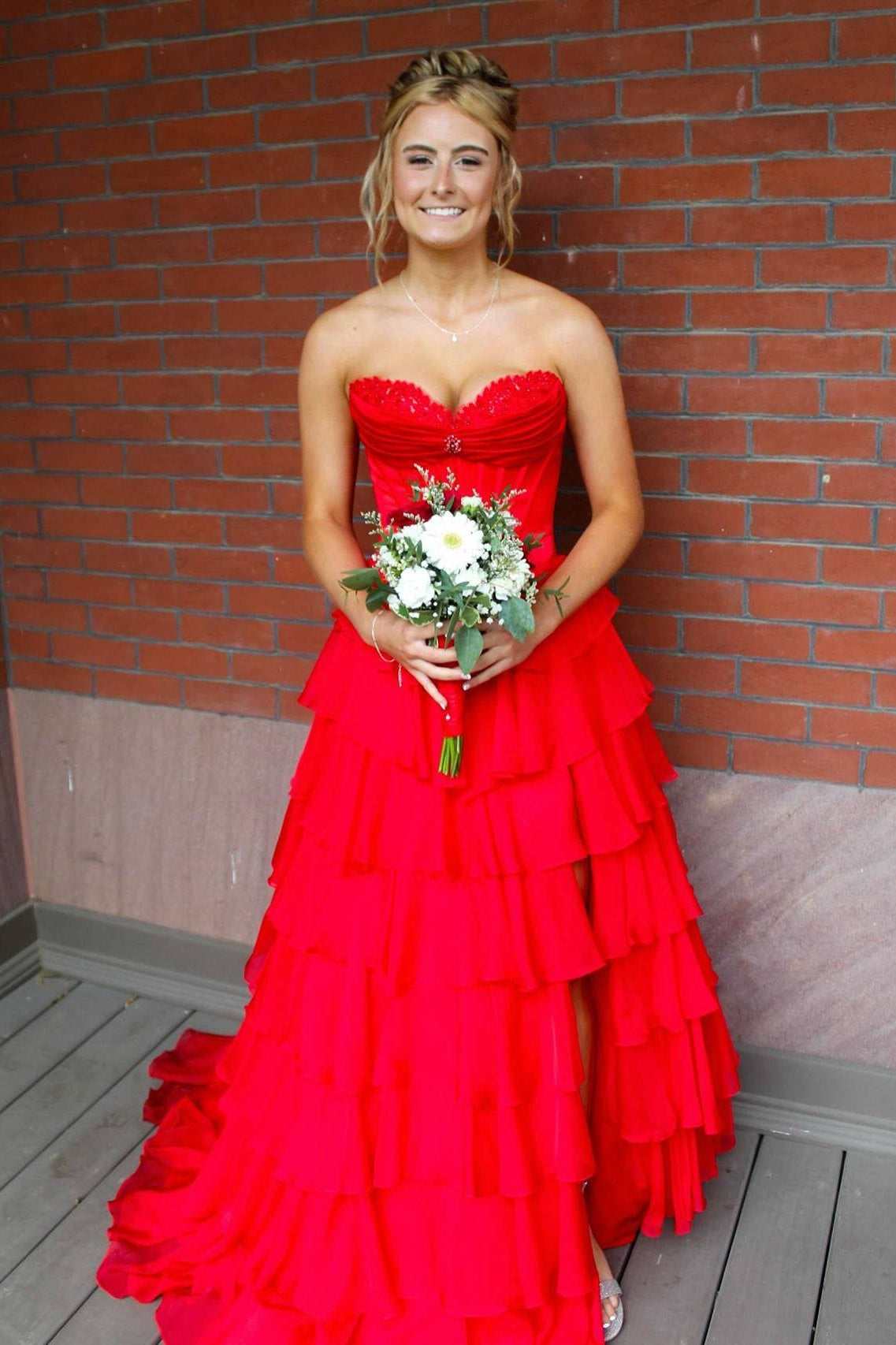 Red Sweetheart Slit Ruffle A-line Prom Dress