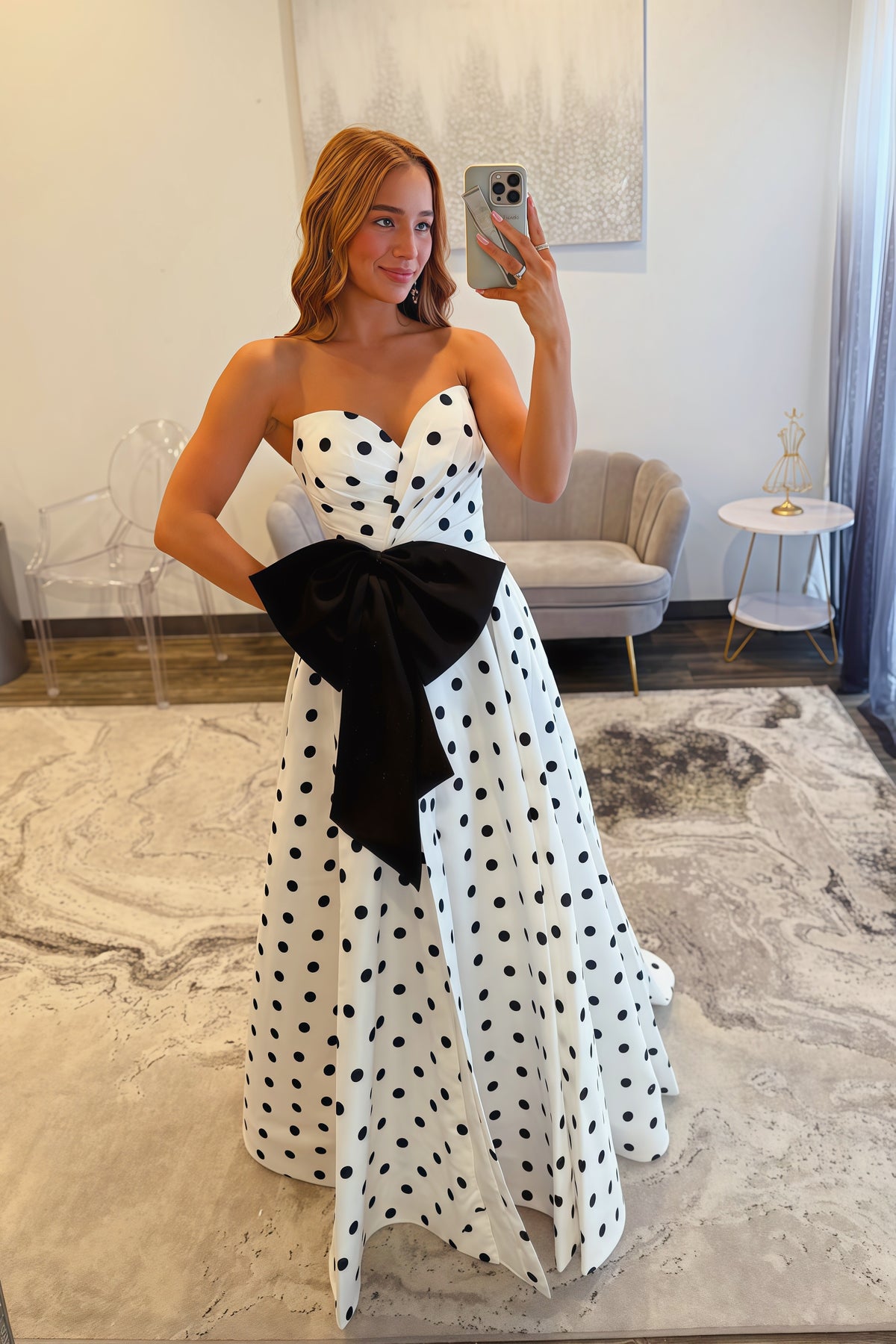 Sweetheart Bow White Polka Dot Dress