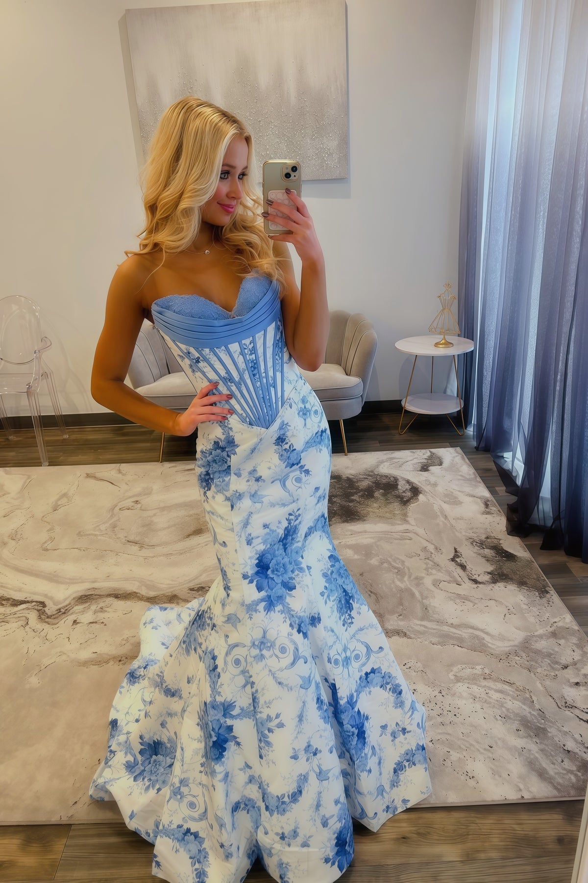 Blue Sweetheart Floral Mermaid Dress