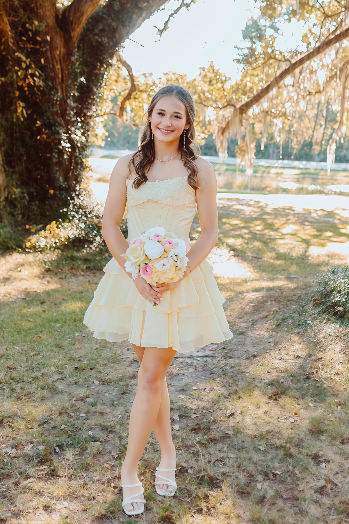 Light Yellow Appliques A-line Short Ruffle Dress