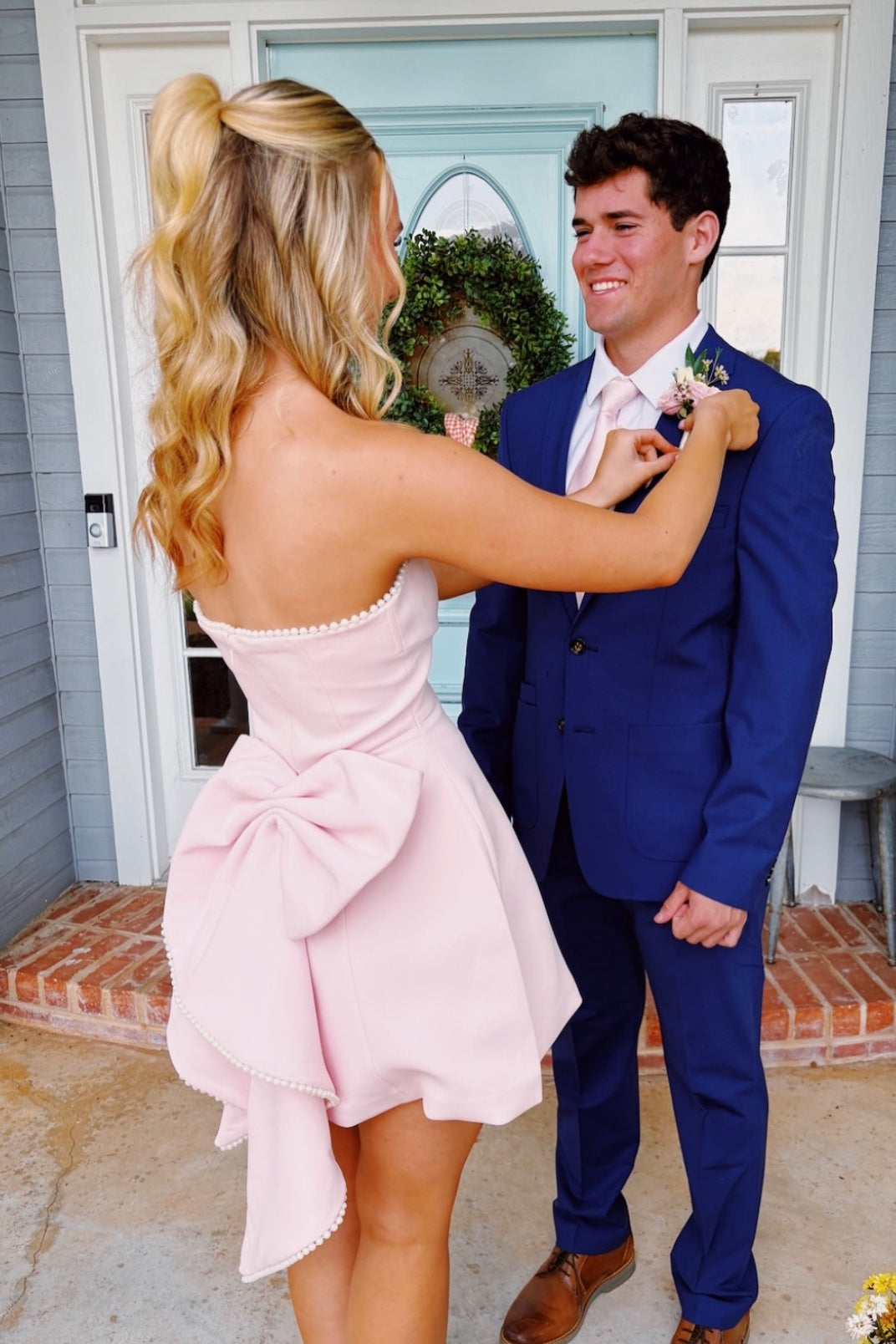 Strapless Light Pink Mini Dress with Bow and Pearl Detailing Dressesforparty Strapless Light Pink Mini Dress with Bow and Pearl Detailing Dressesforparty