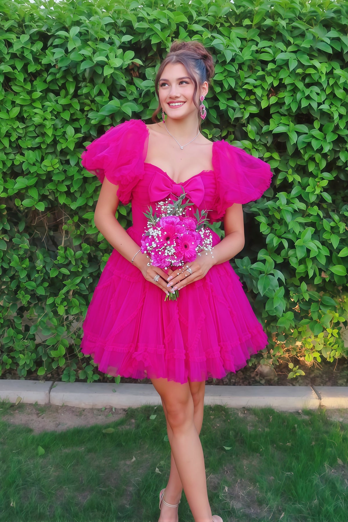 Magenta Bow A-line Ruffles Dress