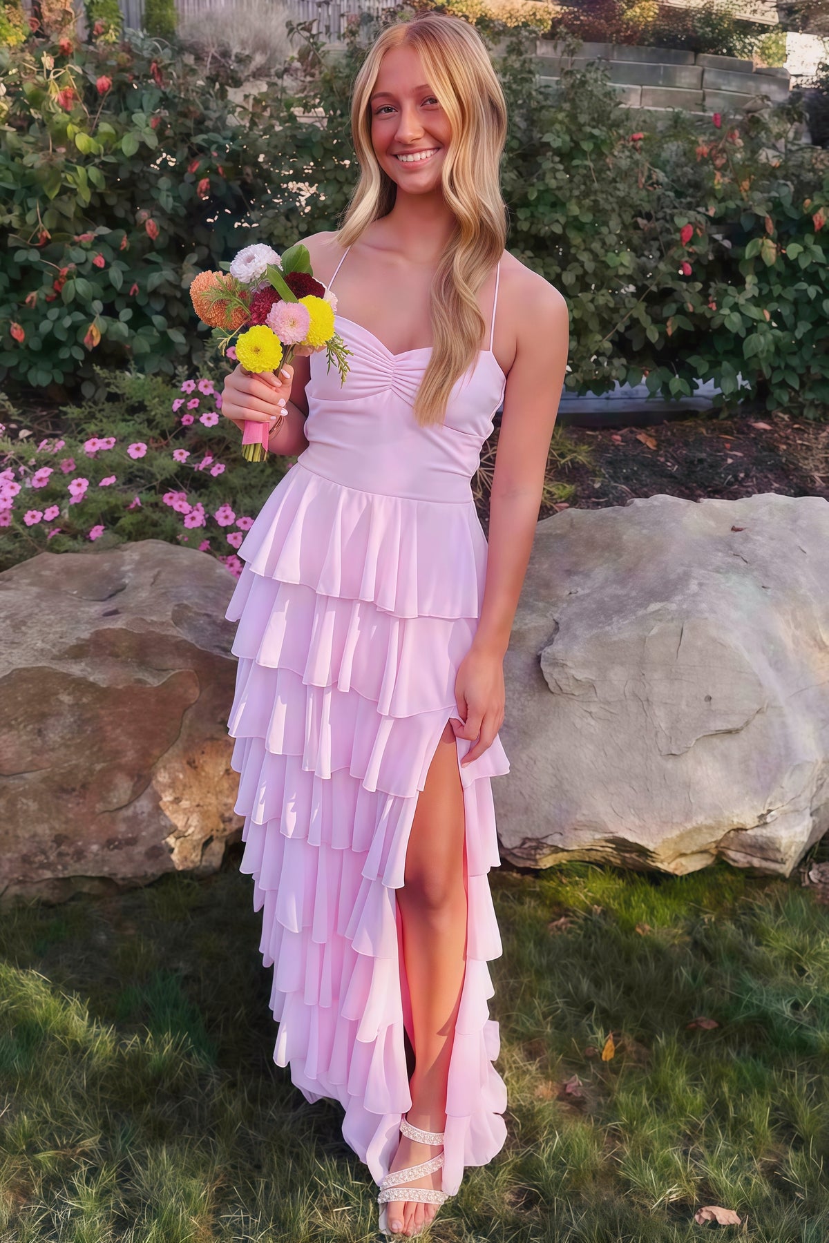 Light Pink A-line Tiered Ruffle Maxi Dress