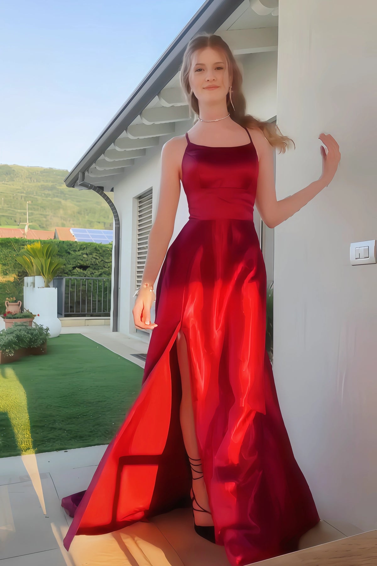 Red Spaghetti Strap Satin Long Dress