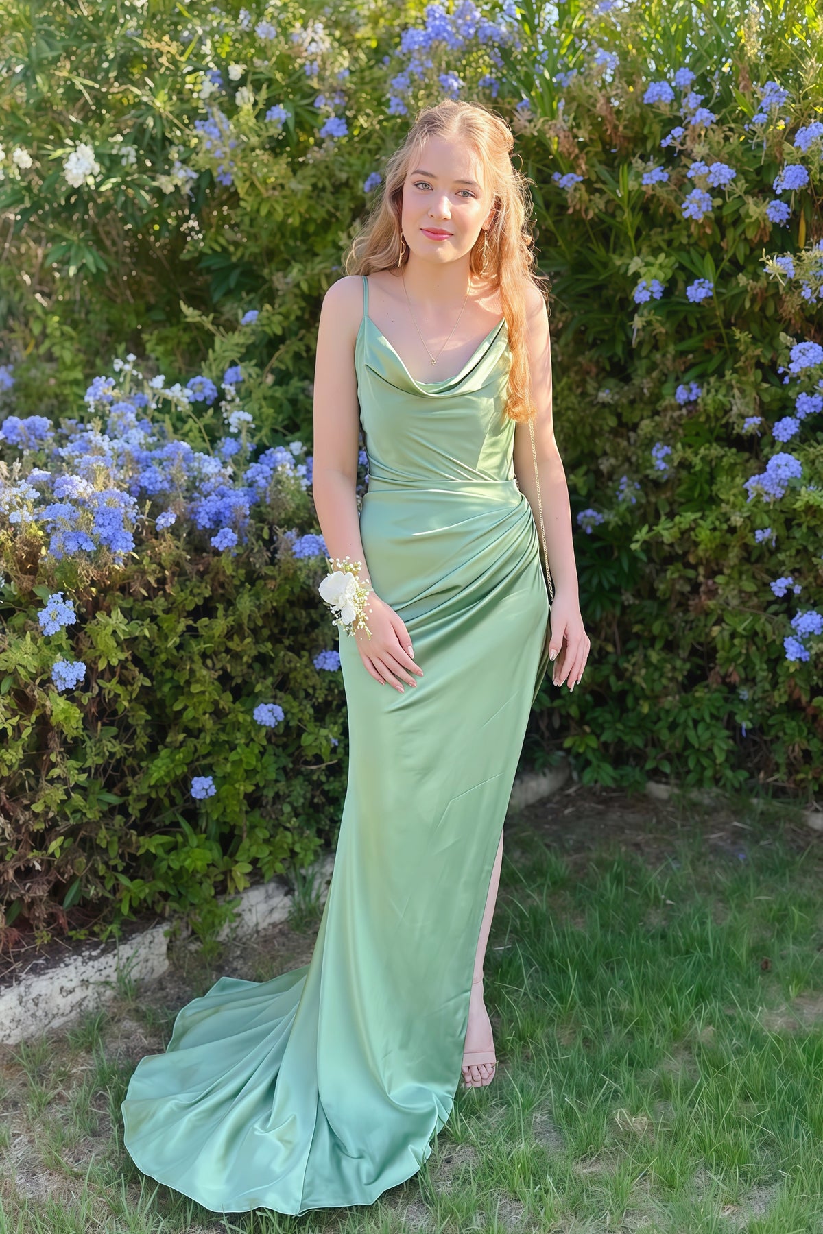 Light Green Cowl Neck Slit Long Dress Dressesforparty Light Green Cowl Neck Slit Long Dress Dressesforparty
