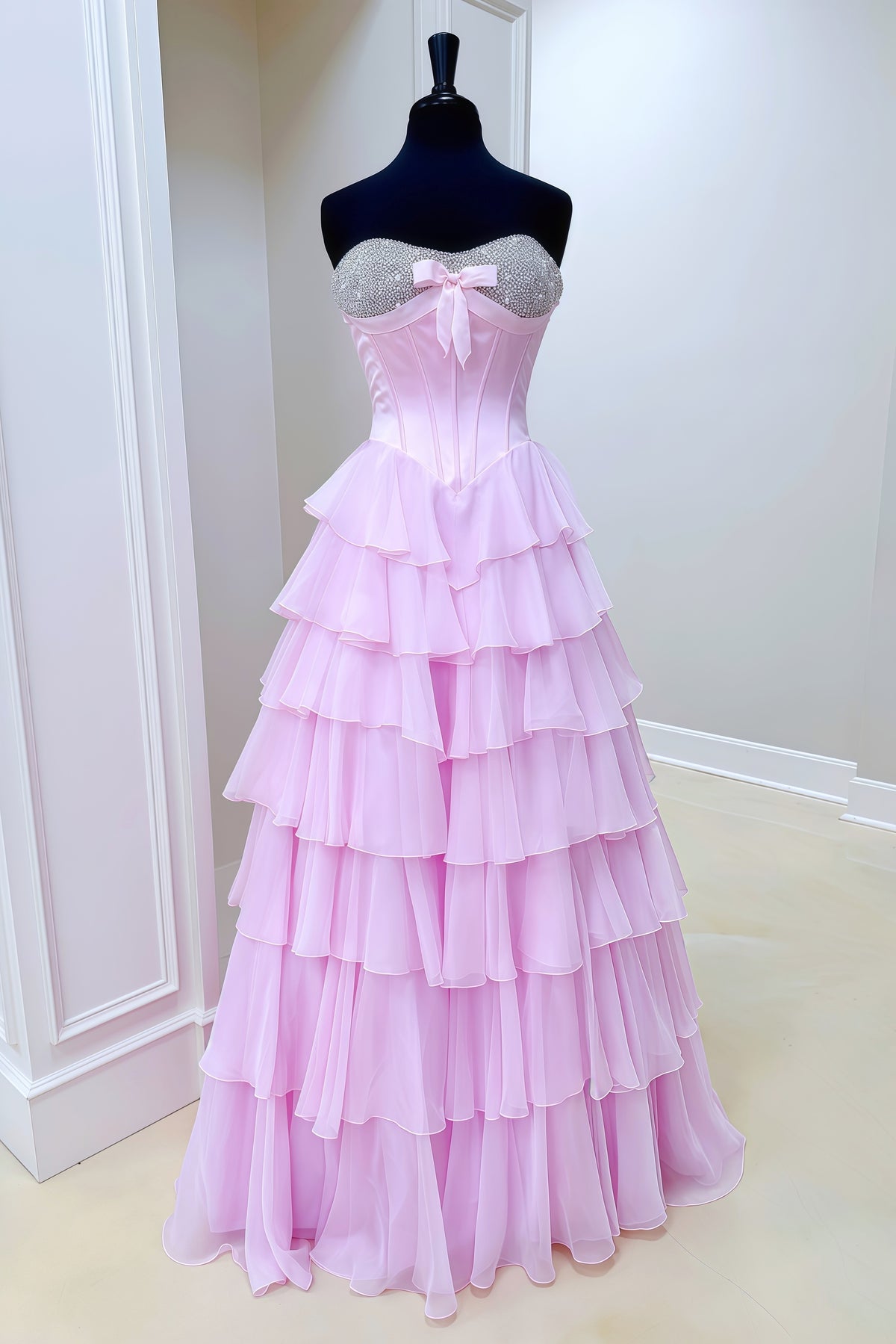 Pink Rhinestone Bow Sweetheart Tiered Ruffled Dress