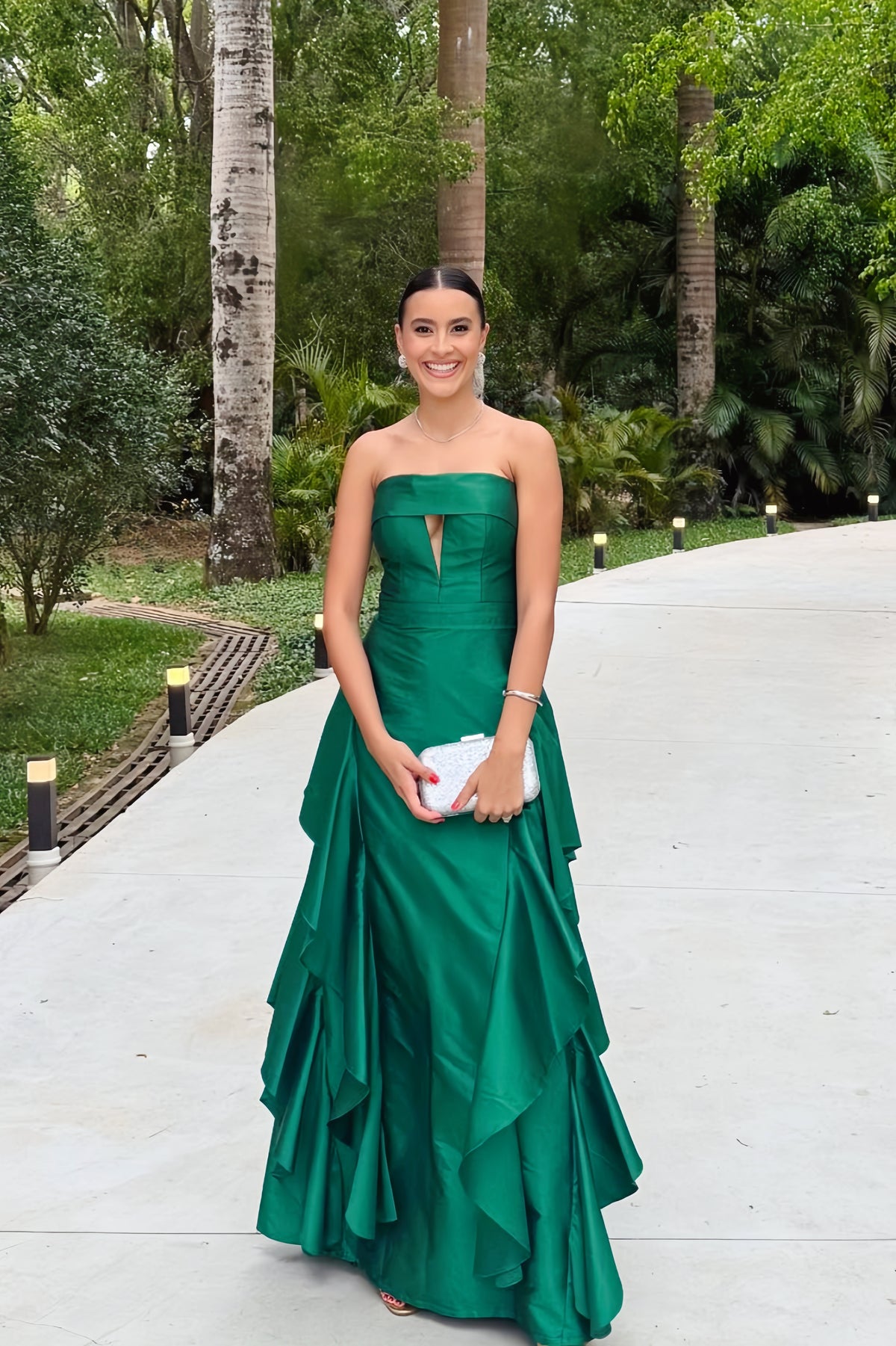 Green Strapless Asymmetric Hem Cut-out Long Dress