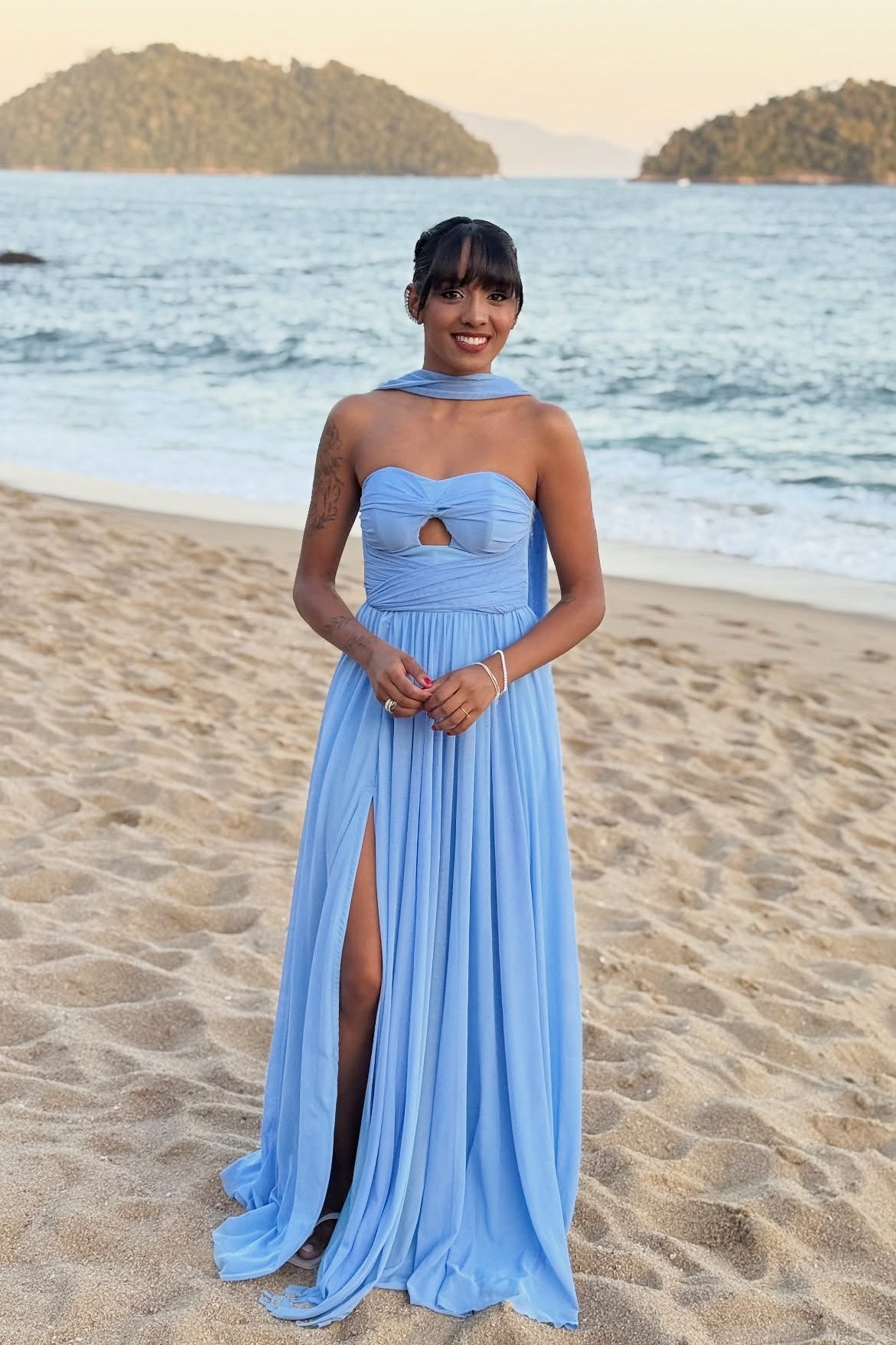 Blue Sweetheart Side Slit Long A-line Dress