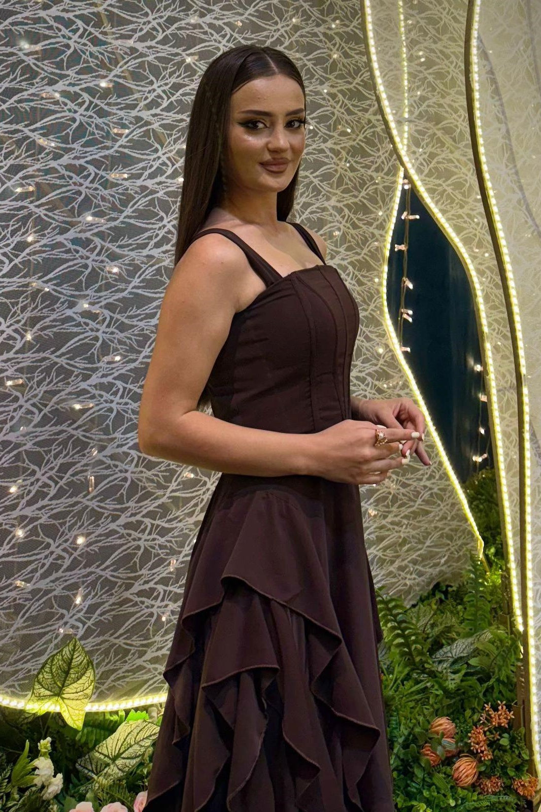 Brown Square Asymmetric Hem Long Dress