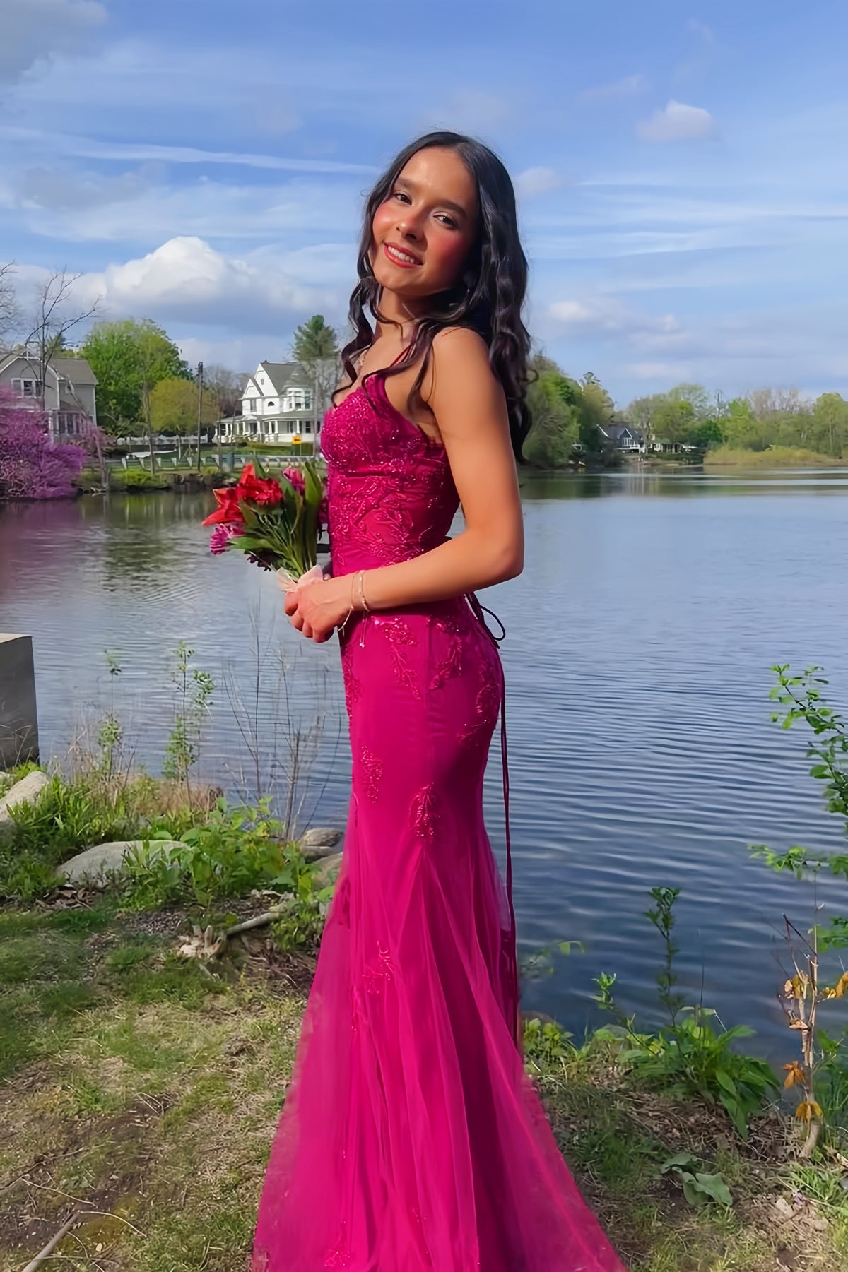 Fuchsia Sequin Embroidery Mermaid Long Prom Dress