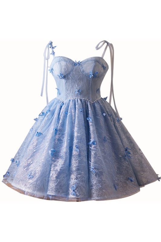 Sky Blue A-line Pearl and 3D Butterfly Puffy Mini Dress