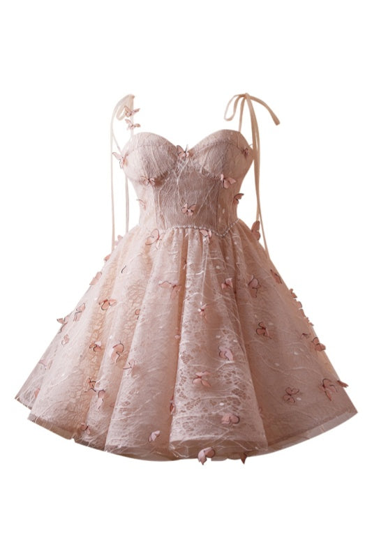 A-line Pearl and 3D Butterfly Light Pink Puffy Dress