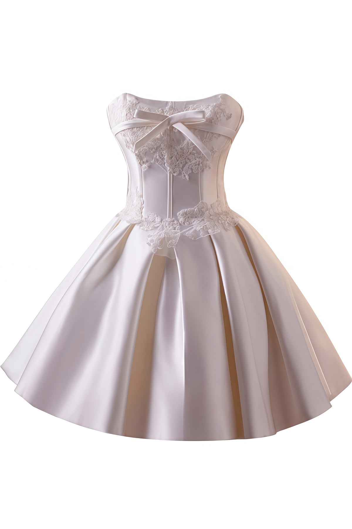 White A-line Lace Print and Bow Mini Dress