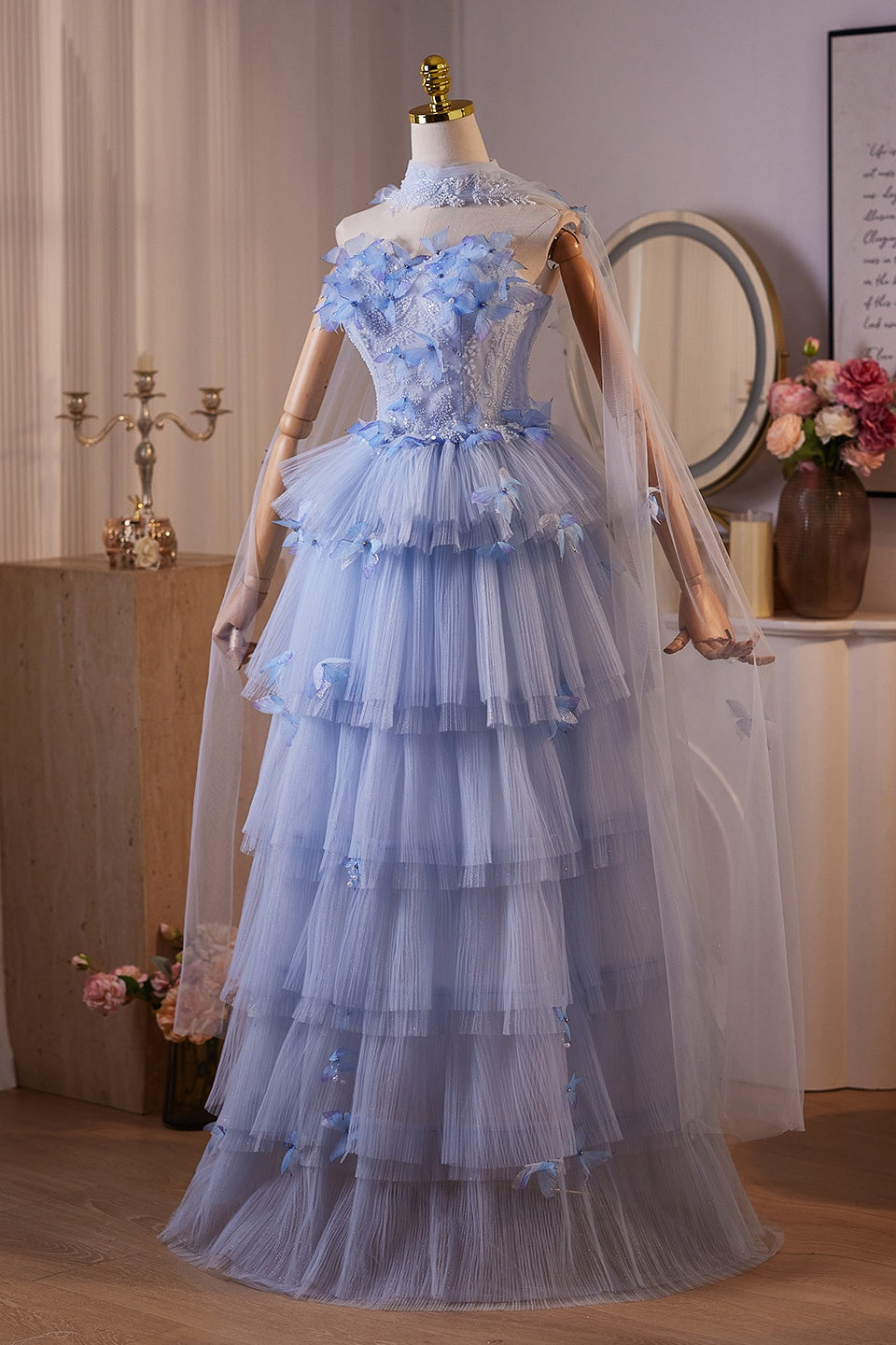 Periwinkle A-line Beaded and 3D Butterfly Long Layered Dress