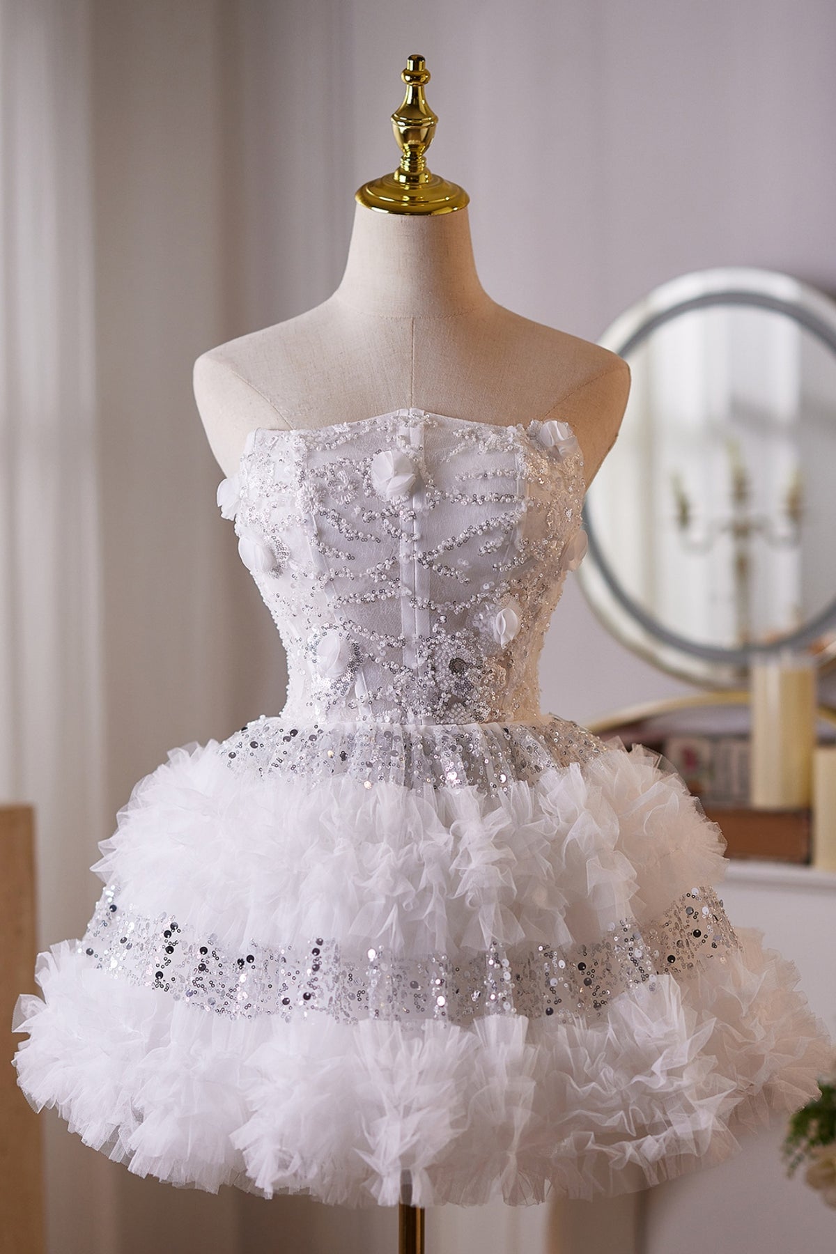 White A-line 3D Sequin and Bead Mini Puffy Dress
