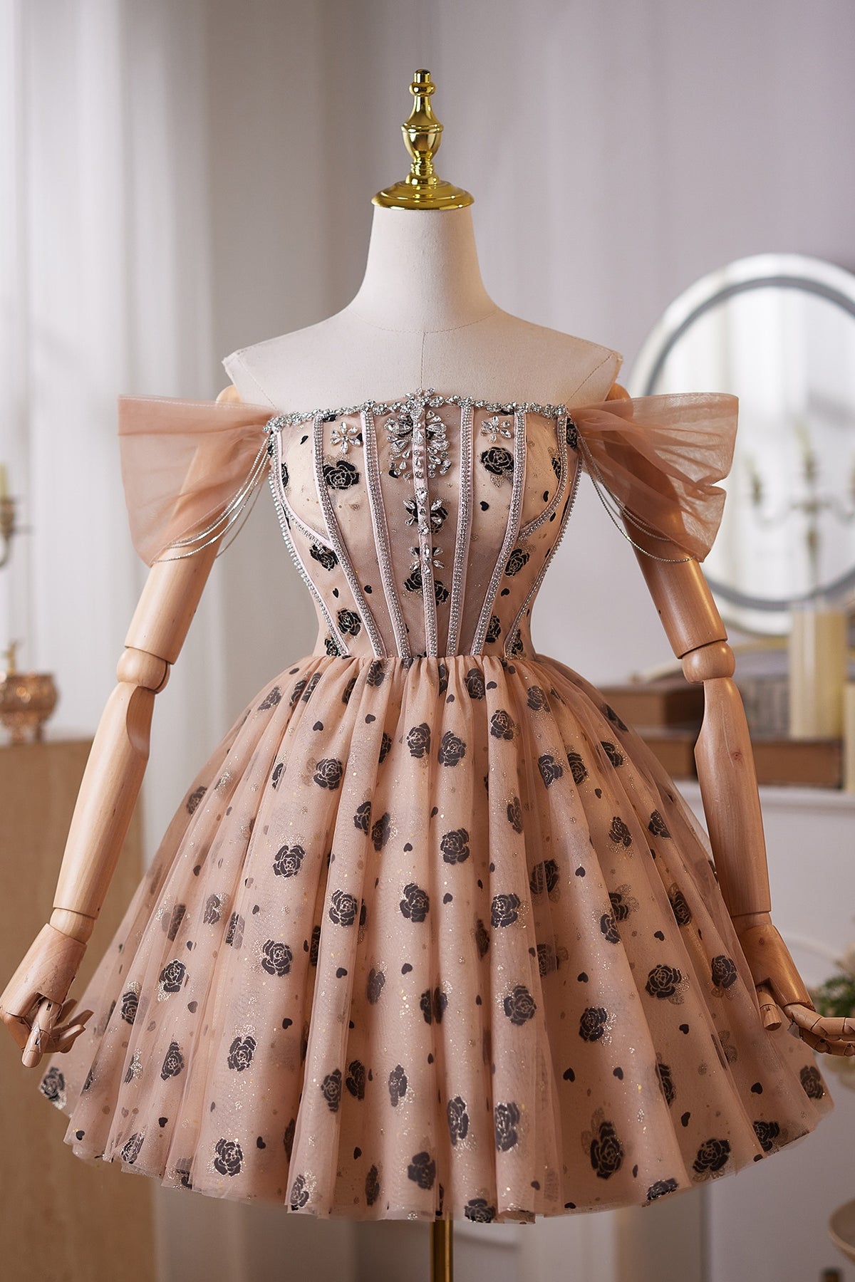 Deep Nude Off-shoulder Rhinestone Puffy Mini Dress