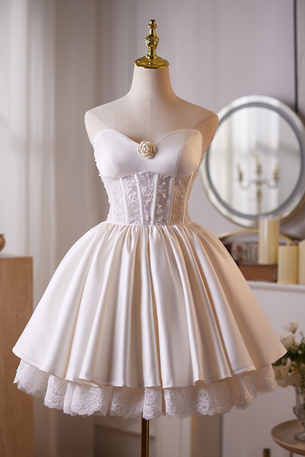 White A-line Printed Lace and 3D Floral Mini Dress