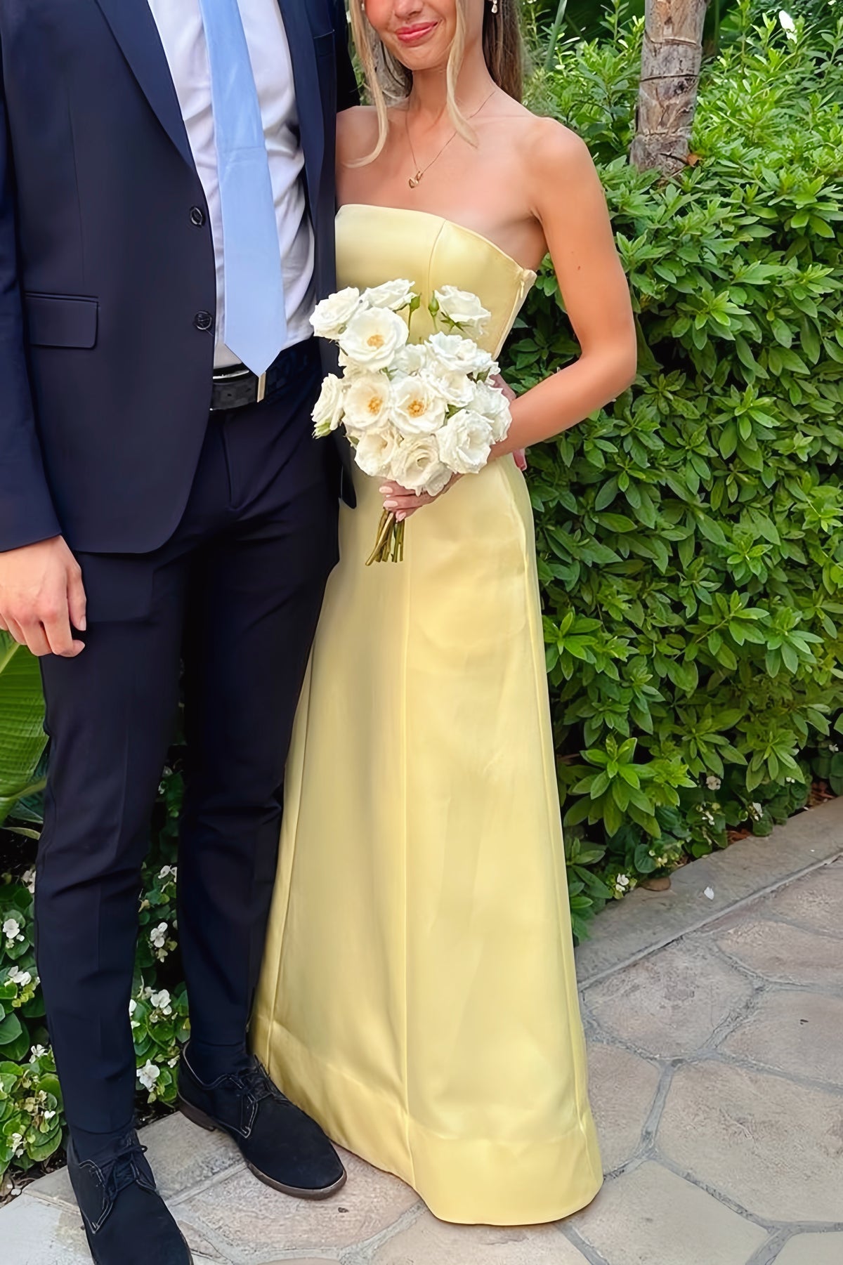 A-line Yellow Strapless  Floor-length Dres