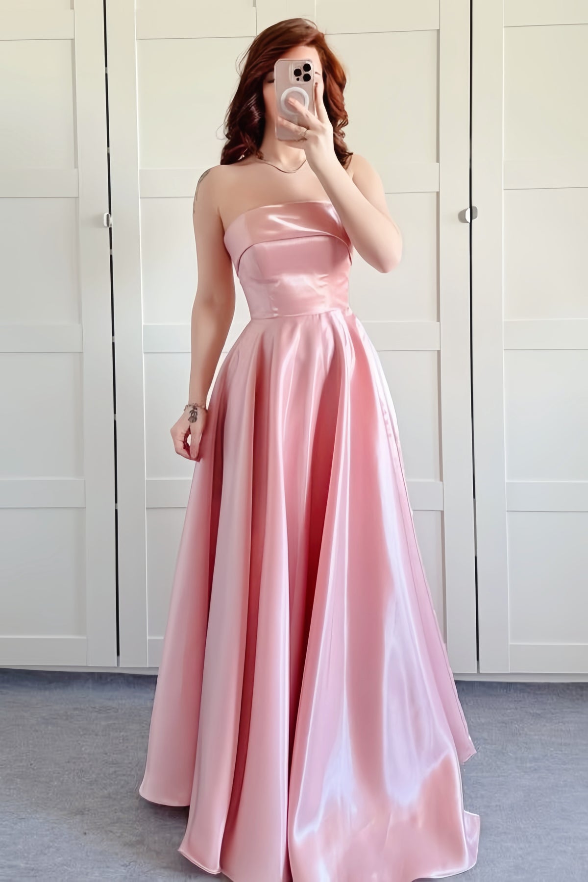Pink Strapless Satin Long A-line Dress
