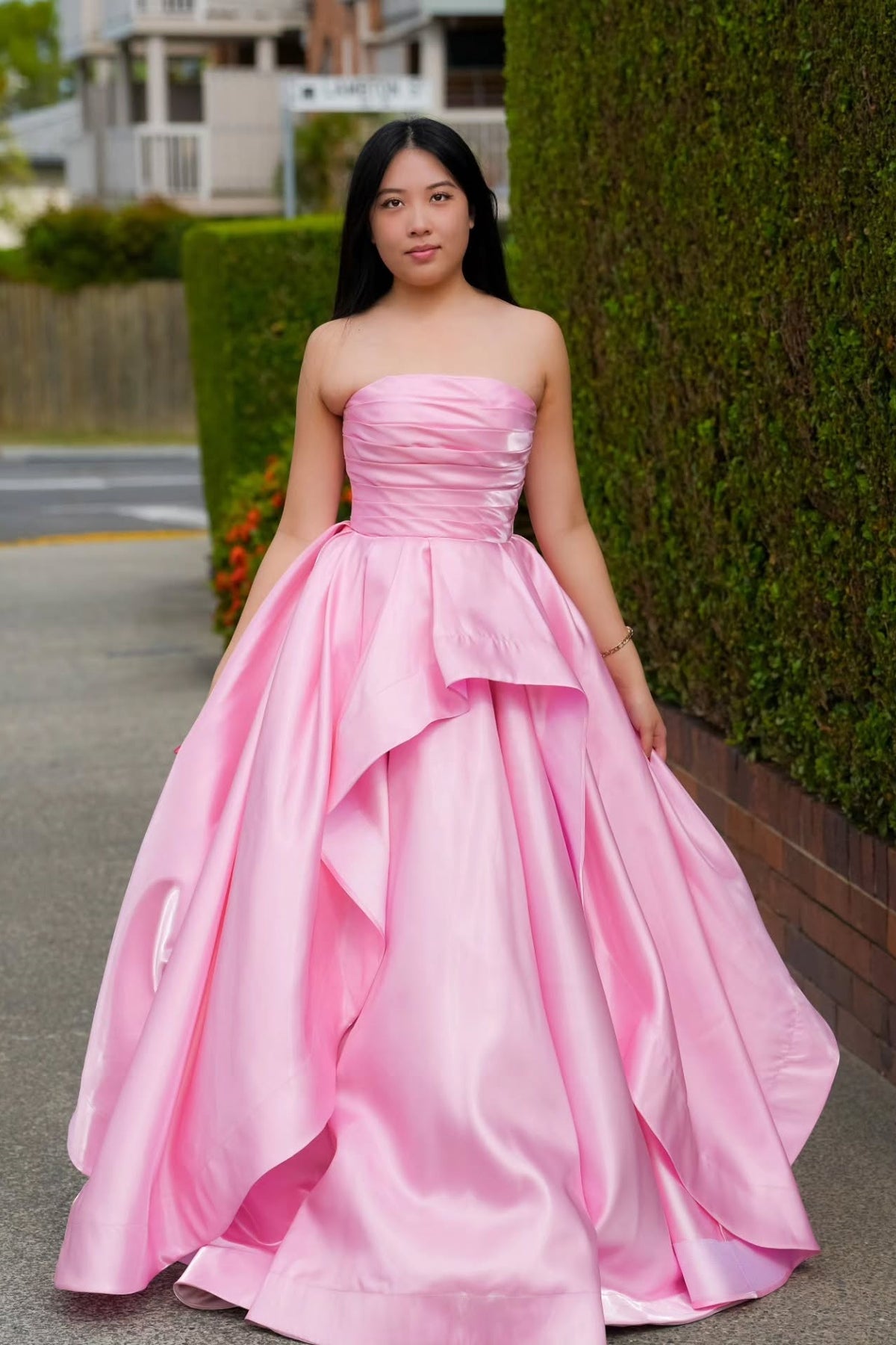 Pink Strapless Ruched Ruffle A-line  Dress