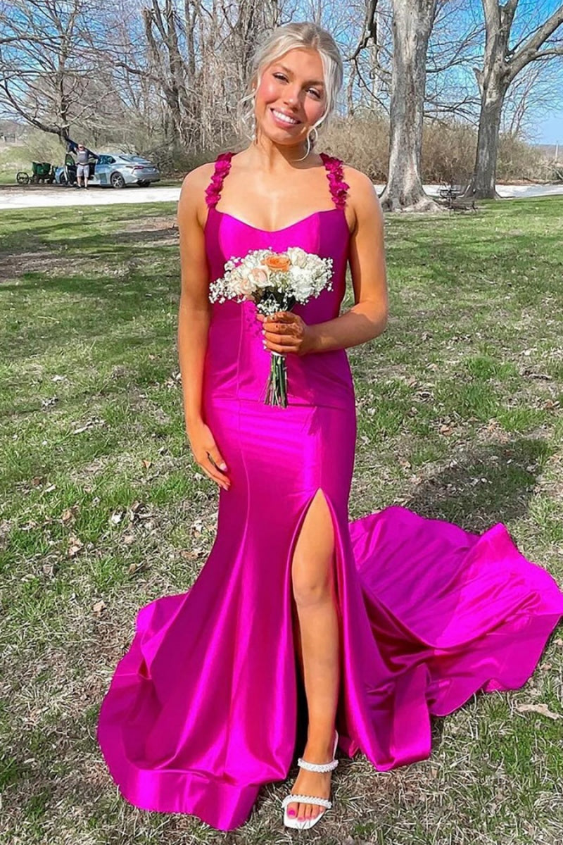 Fuchsia Satin Mermaid Flowers Prom Dress with Slit