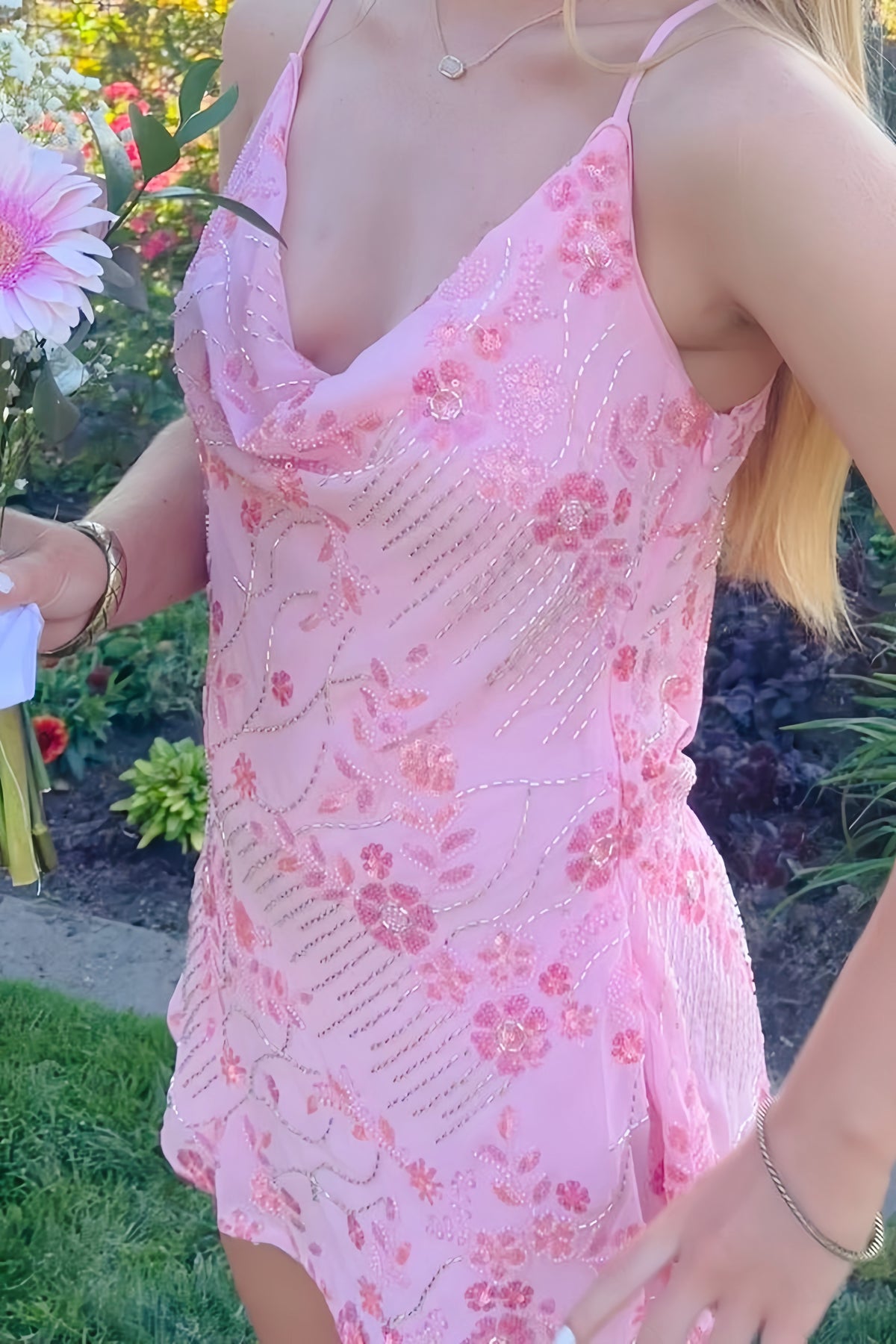 Pink Floral Sequin Halter A-line Mini Dress