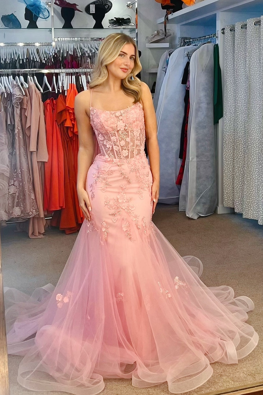 Straps Pink Appliques Mermaid Long Formal Dress