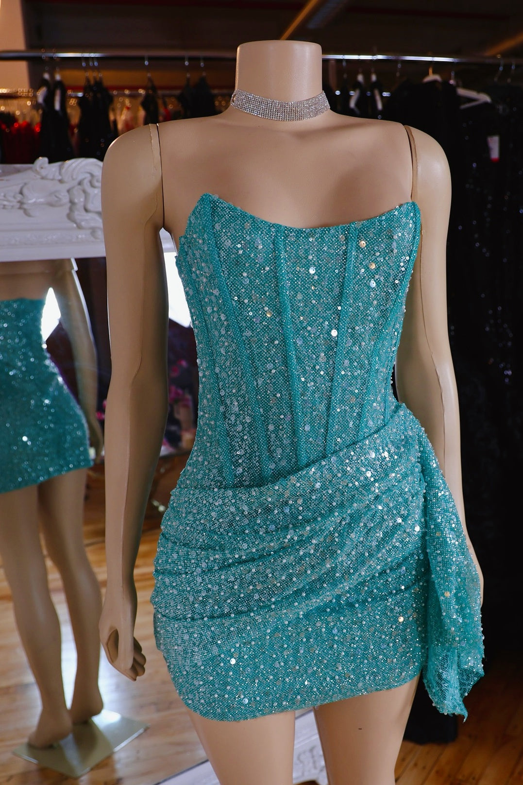 Cyan Strapless Fitted Sequin Mini Dress