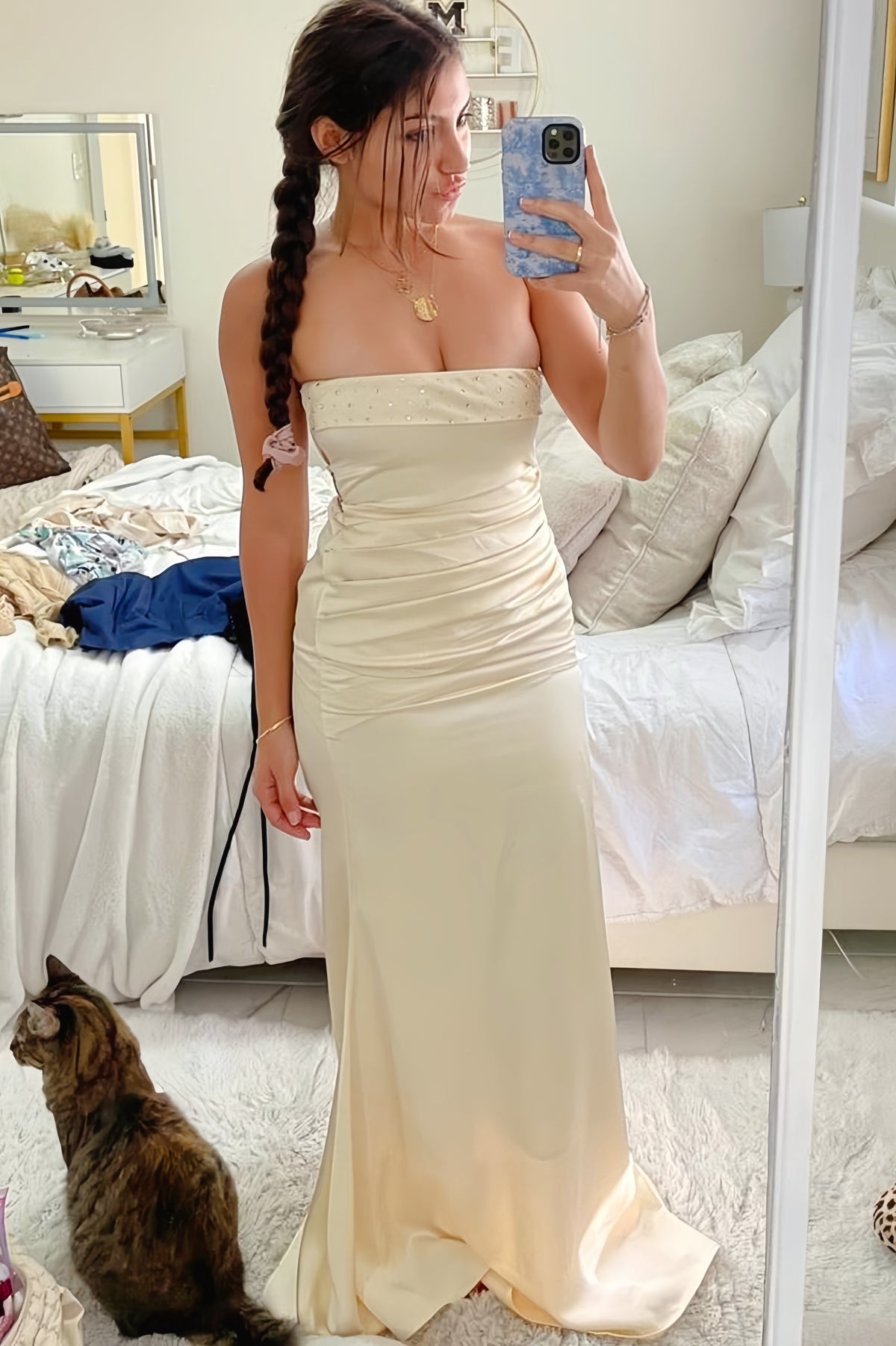 Champagne Beaded Satin Long Fitted Dress