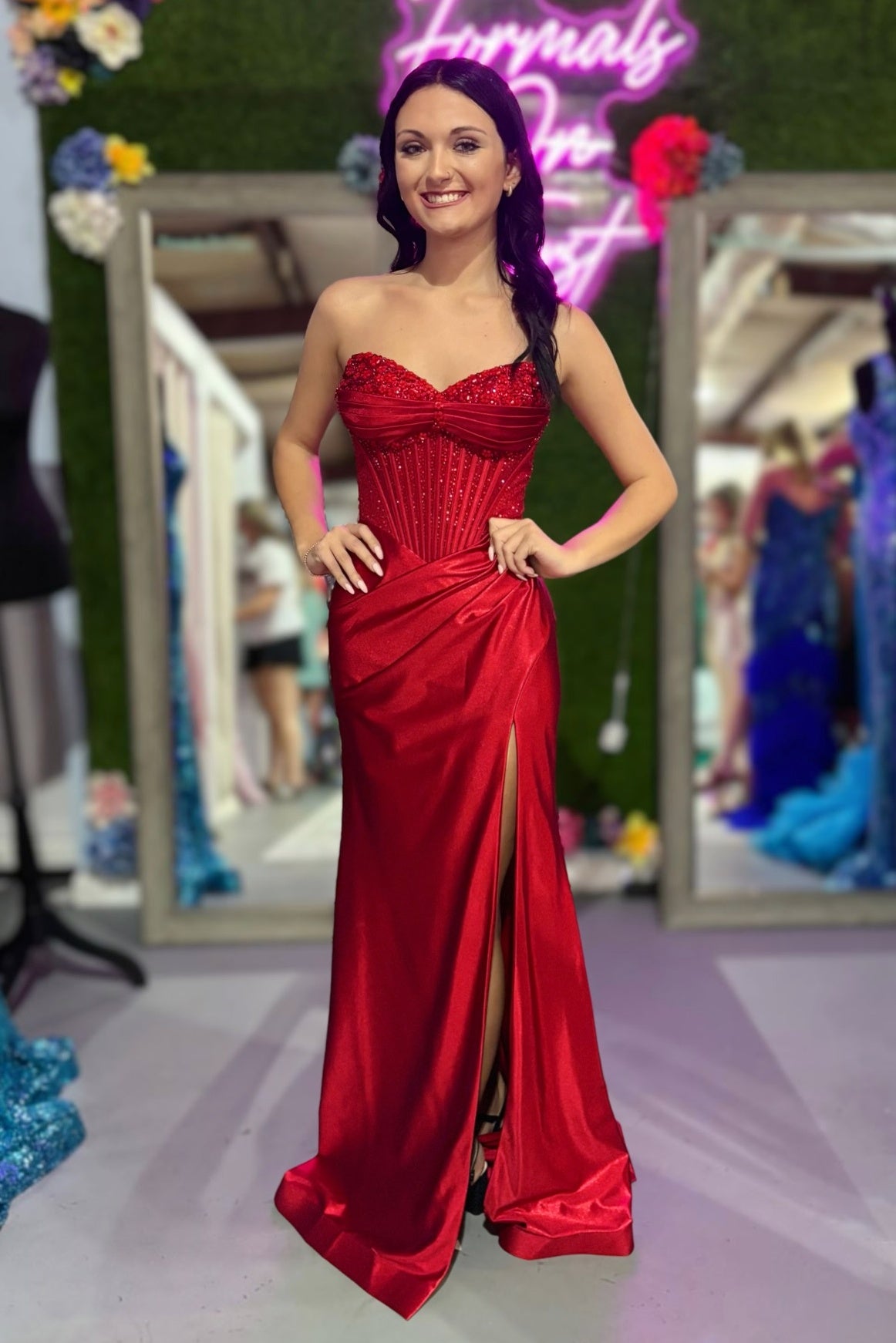 Red Satin Beaded Ruched Mermaid Long Formal Dress