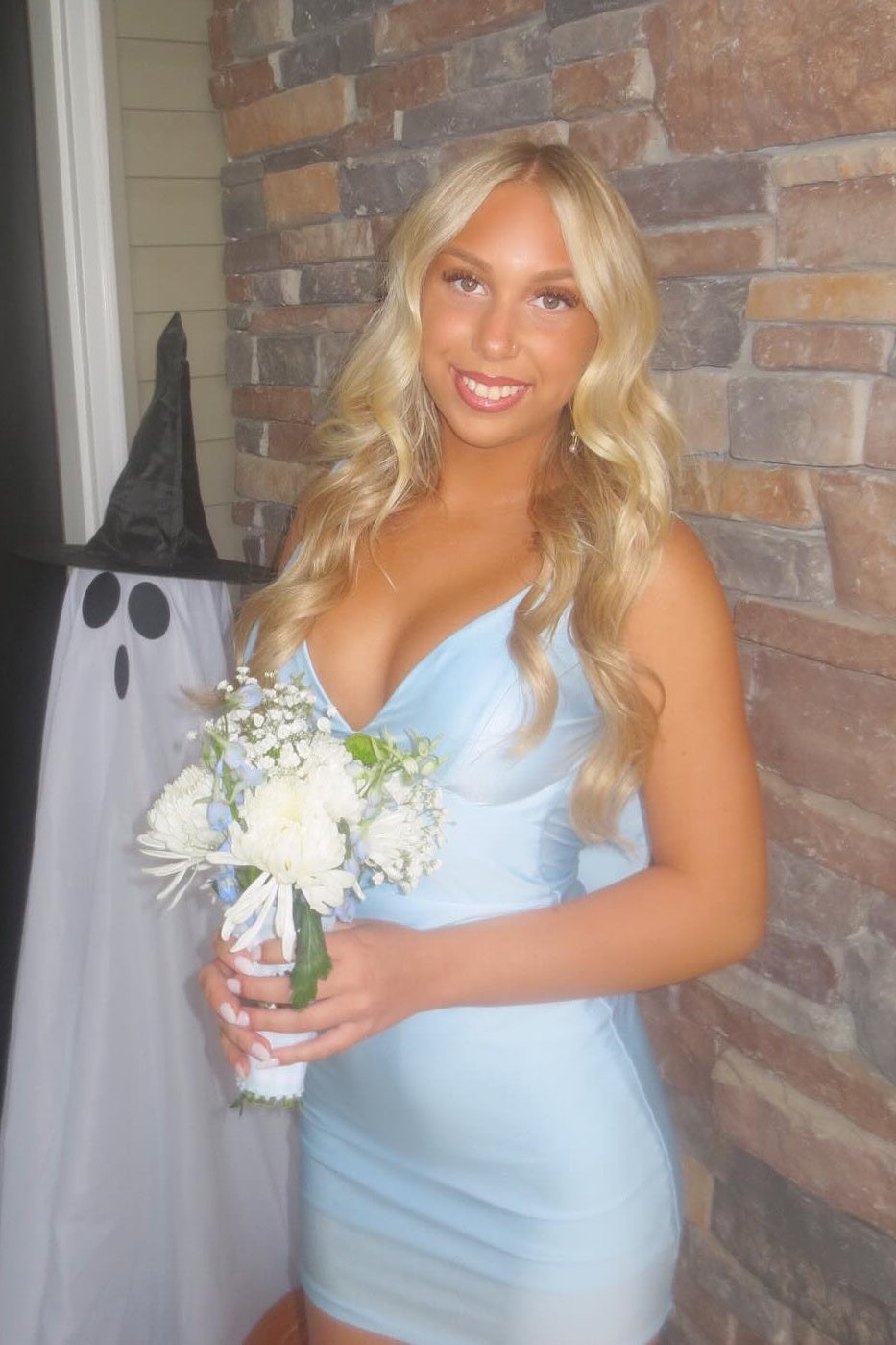 Light Blue V-neck Bow Mini Dress