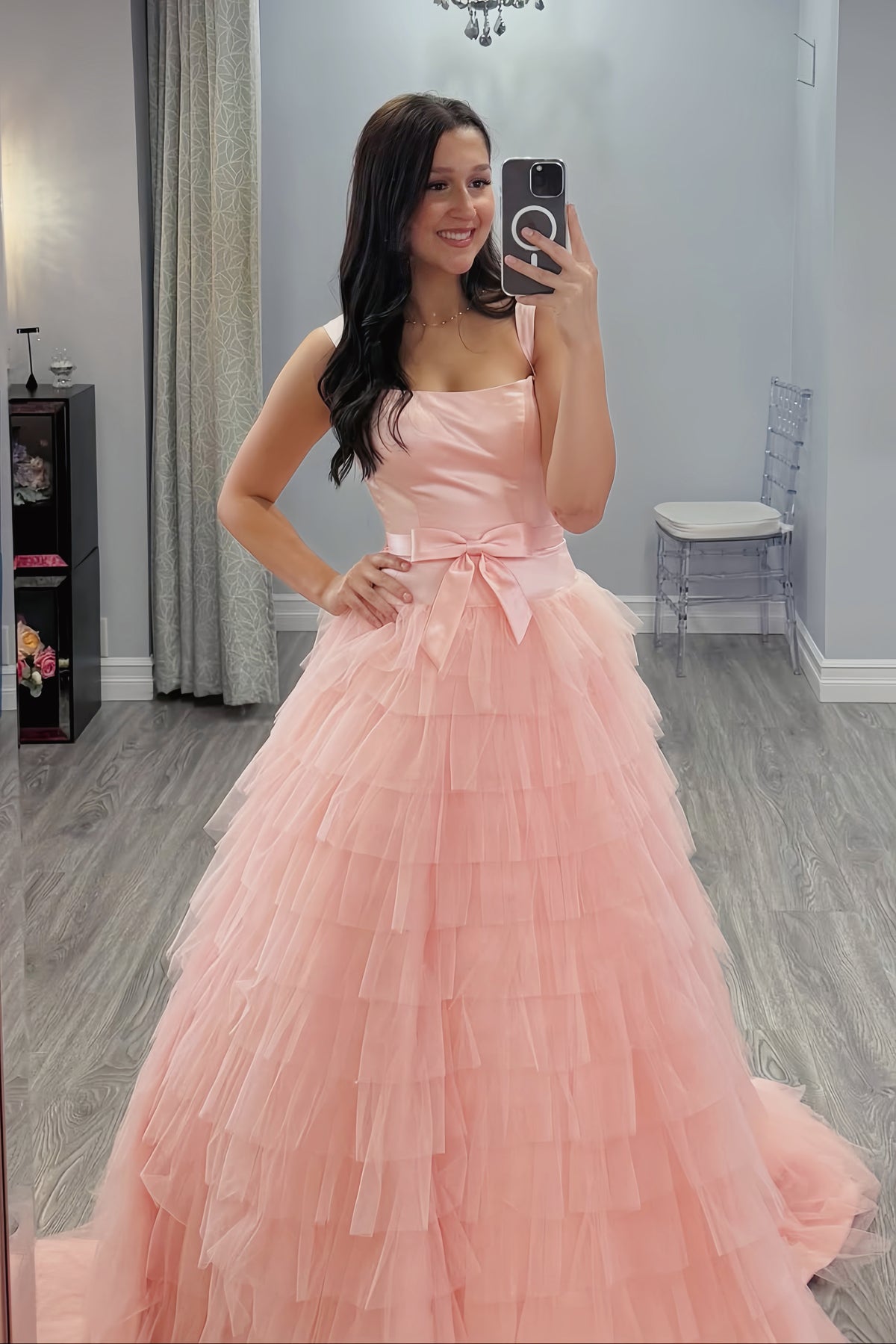 Pink Square Bow Tulle A-line Ball Gown